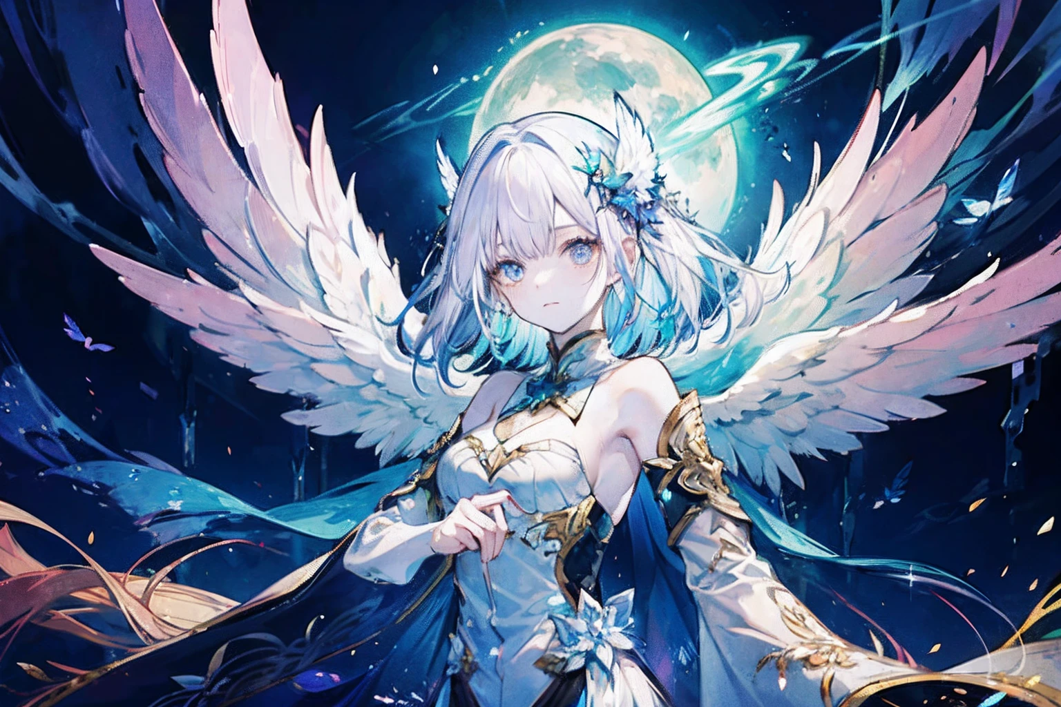 Angels are painted with pale and radiant complexion.、Its eyes have heterochromic eyes.、Its skin seems to glow with an otherworldly glow。He、Symbolizing the Nature of God、Adorned with a pair of shimmering graceful wings。This scene is amazing and fascinating.、It captures the beauty and mystery of these celestial bodies。Godlike angel、Pale、with light glowing、complexion、Shines、Out of this world、brilliance、Shines、Graceful、wingspan、sacredness、Graceful、魅惑的、a beauty、mistic。