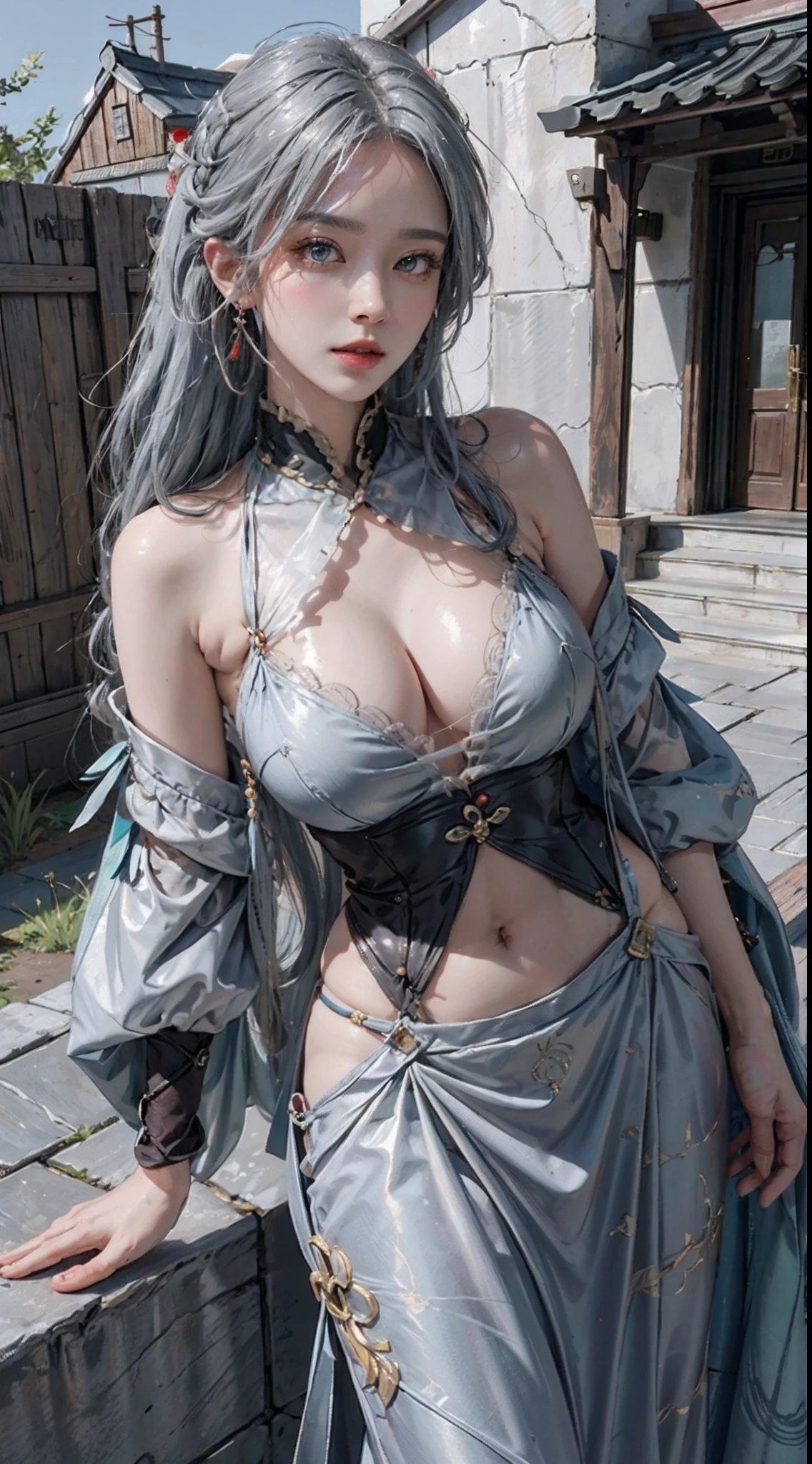 photorealistic, high resolution, soft light,1women, solo, hips up, (detailed face),tattoo, jewelry, grey hair,long hair,hair ornament, hair over one eye,,blue eyes,earrings,braided ponytail,puffy sleeves,gold trim,gloves,bodysuit,large breasts,breast curtain, shoulder cutout,covered navel,hip vent,clothing cutout, tassel, shenhe \(genshin impact\), standing on top of mountain, cloud