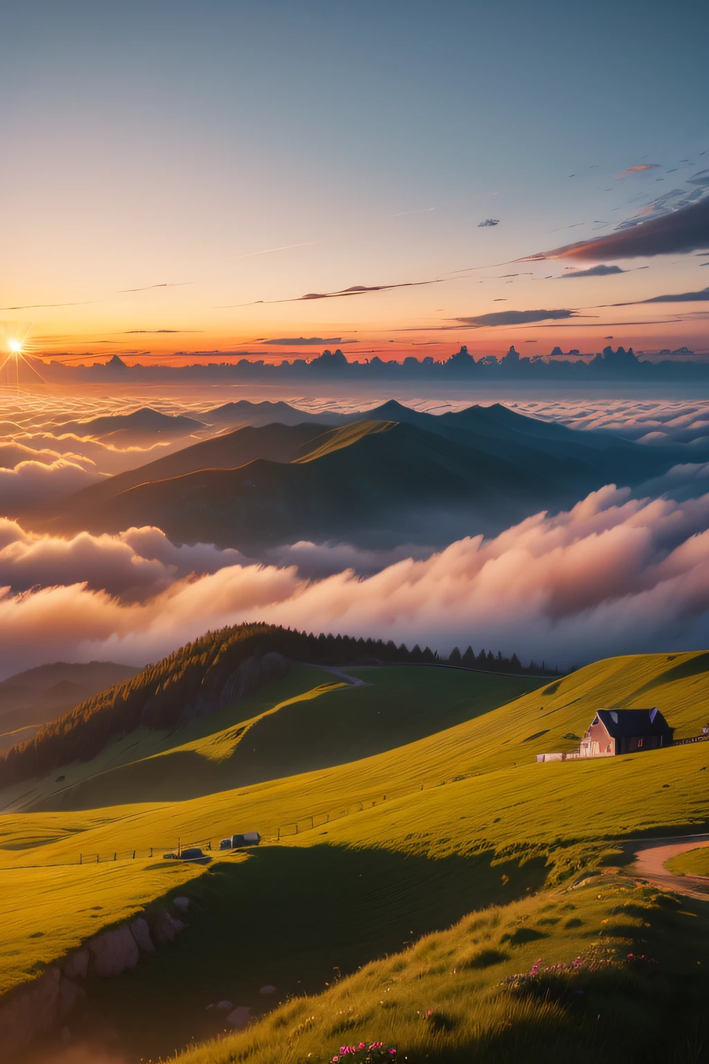 Sea of Clouds ,sunraise,There are windmills on the vegetated peaks