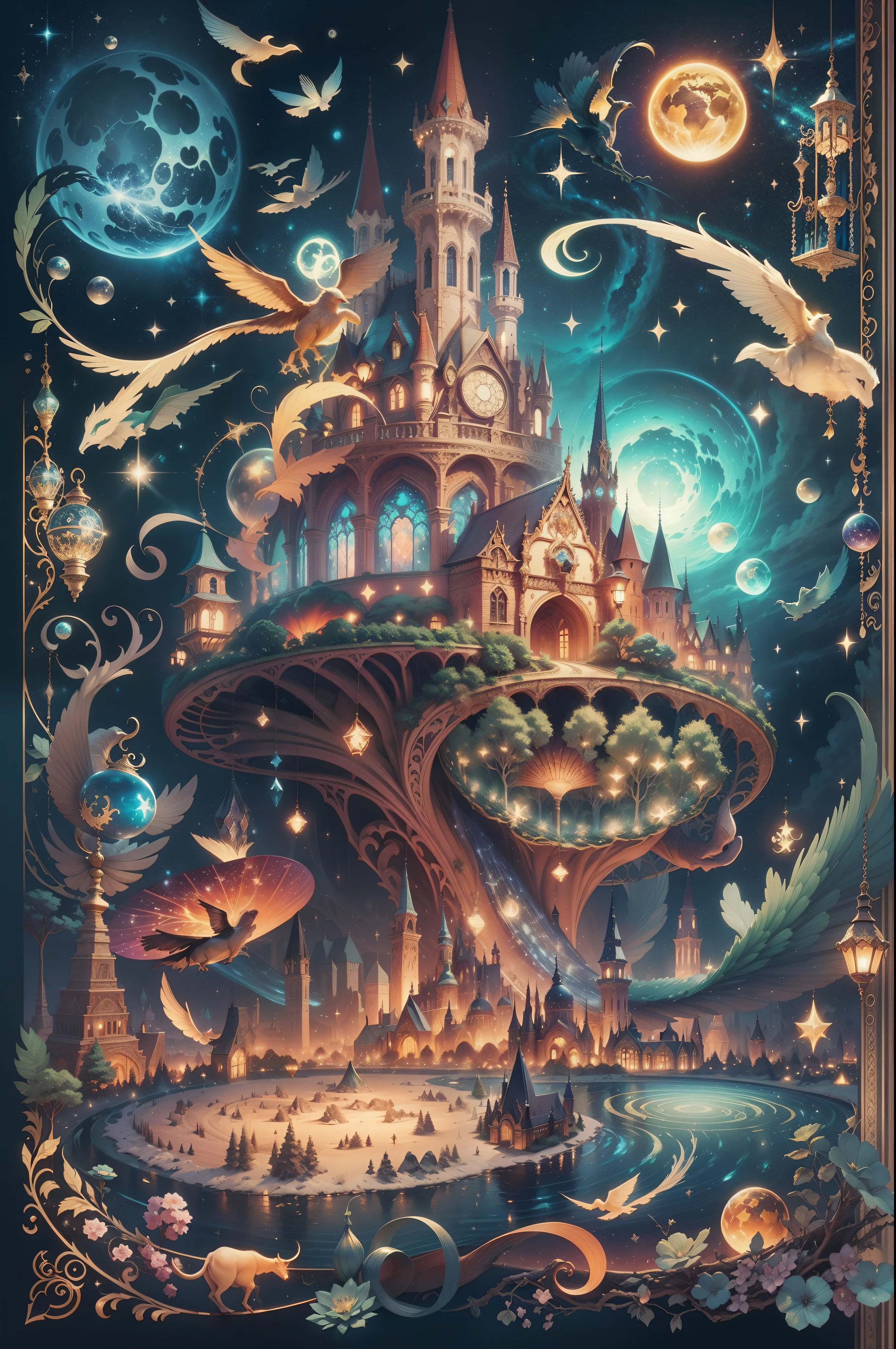 Draw a beautiful world of dreams, magic, and unknown possibilities. Glittering creatures dance high in the sky, sparkling with constellations and galaxies, as incredible creatures beckon you on an adventure. Please create a design that conveys the feeling that this book is a mystical story interwoven with enchanting landscapes. We are looking for works that give the impression that the magic of fantasy is condensed into a single cover. Each creature has its own uniqueness, and its appearance and abilities are so attractive that they seem to deviate from the book and jump out of the book.
