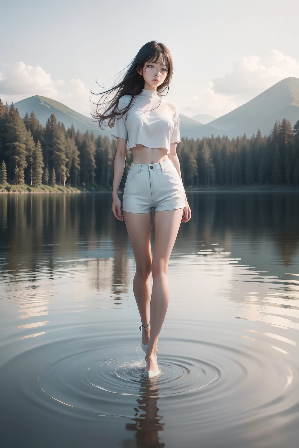 The scene depicts a woman standing on the surface of a lake,The lake is very smooth,Like a mirror。She wore a white top and ultra-shorts,Shows her slender legs。Her image is very realistic,It's as if it's right in front of you,And the picture is very clear,It gives a lightness、Ethereal feeling。