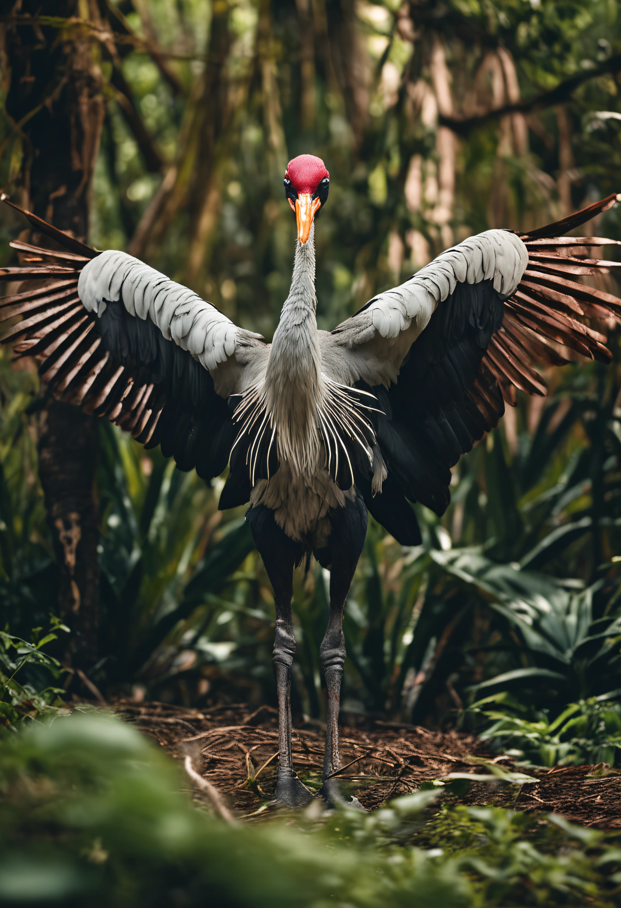 High nation-geographic symmetrical close-up portrait shoot in green jungle of an expressive Sarus Crane, anamorphic lens, ultra-realistic, hyper-detailed, green-core, jungle-core –ar 16:9 –q 2 –v 5
