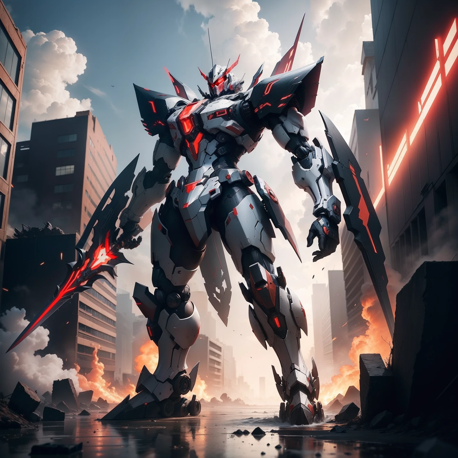 Create an anime-style mecha illustration with a layered armor design. The mecha should have a base red armor, and on top of it, there should be an additional layer of black armor. The black armor should be designed in a way that allows the red color of the base armor to still show through, creating a visually striking contrast.
This mecha should have a more imposing and heavy appearance. Emphasize its offensive power with a legendary-looking sword held in one of its four arms. The sword's design should exude a sense of ancient grandeur and raw energy.
To showcase the mecha's increased size, place it in a scene depicting a partially destroyed city. The mecha's height and presence should stand out amidst the wreckage, giving a sense of scale.
Incorporate four arms into the mecha's design, creating a unique visual feature that contributes to its imposing look. Each arm should be distinct in its design, reflecting its role in combat.
Pay attention to the details of both armor layers, ensuring that the red and black colors harmonize and create a visually appealing contrast. The layered armor should add depth and complexity to the mecha's overall appearance.
Feel free to experiment with dynamic poses and angles to highlight the mecha's offensive prowess and enhanced stature. Incorporate fine details in the sword's design to make it truly appear as a legendary weapon.
