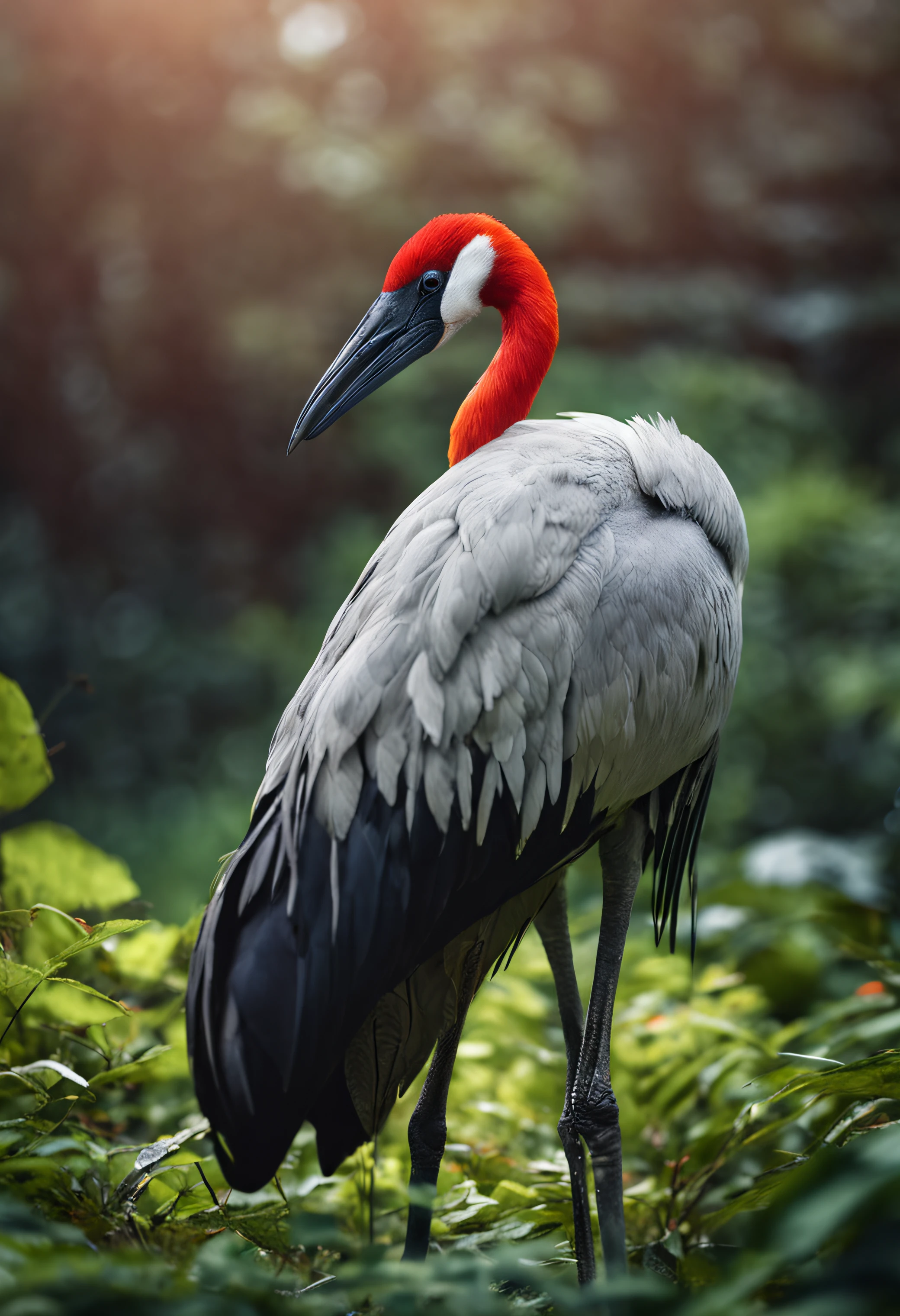 High nation-geographic symmetrical close-up portrait shoot in green jungle of an expressive Sarus Crane, anamorphic lens, ultra-realistic, hyper-detailed, green-core, jungle-core –ar 16:9 –q 2 –v 5
