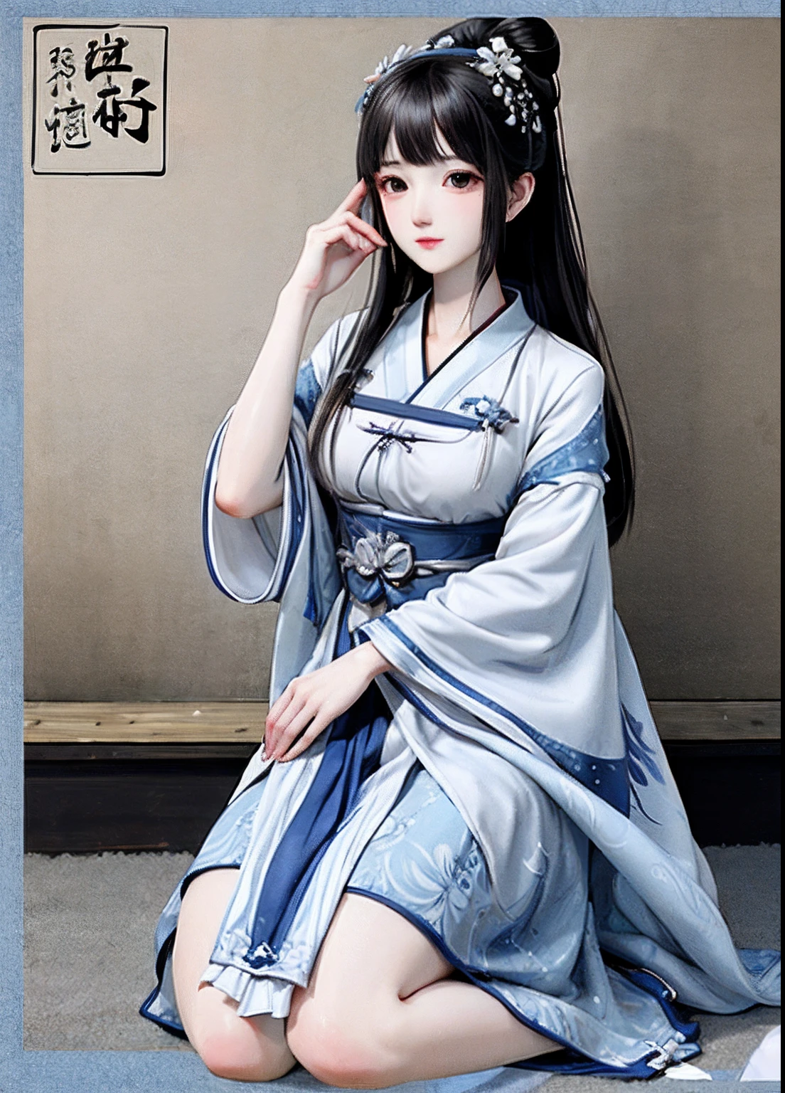 Blue and white porcelain style，hanfugirl，ancient china art style