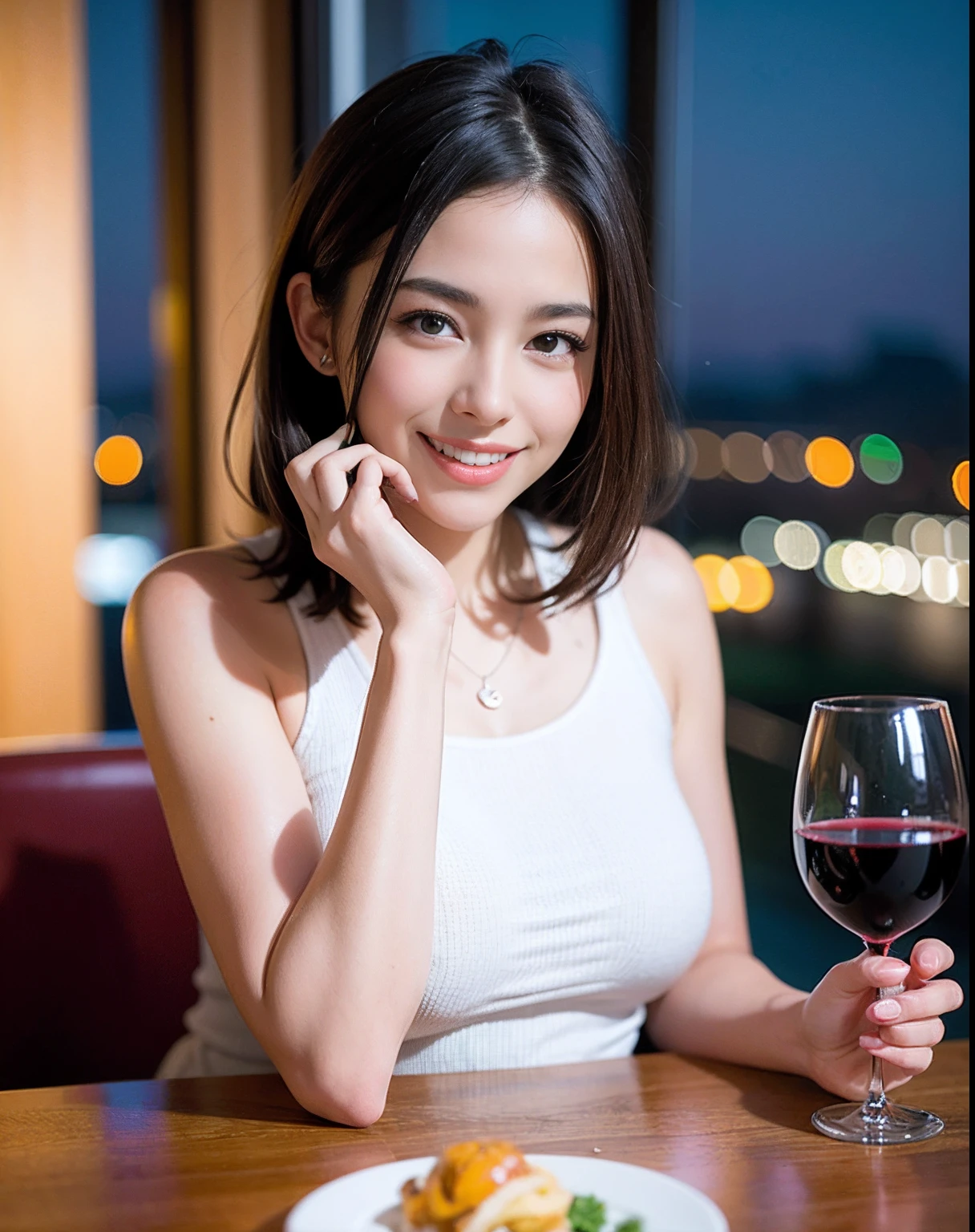 A 20-year-old with a cute, youthful face like an idol smile gently rather large bust In underwear holding a glass of red wine Late night on the balcony of an apartment dark lighting Raw photo genuine real High definition Do not display copyright