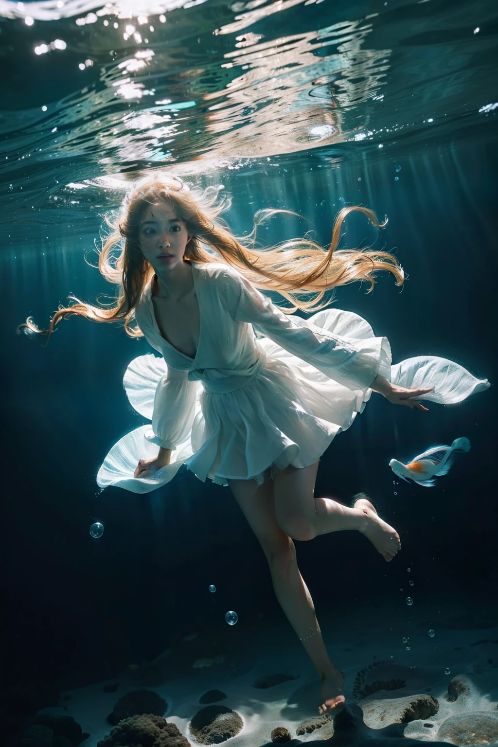 ocean floor，1girll，Floating hair，Eyes with stories，looks into camera，Hair flows in water，Full body like，1 giant koi， Buble，airbubble， Under the water， The sun refracts light， Dingdall effect，8K, Super meticulous, Best quality, Masterpiece, Photorealsitic，skin textures