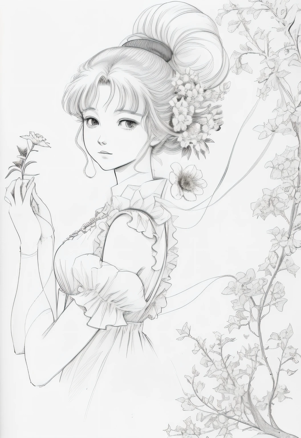 a drawing of a woman with a flower in her hand, inspired by amano, beautiful line art, extremely fine ink lineart, inspired by Naoko Takeuchi, ink manga drawing, by amano, pencil and ink manga drawing, yoshitaka amano character design, author：by Yumihiko Amano, perfect lineart, Clean line art 8K，high qulity