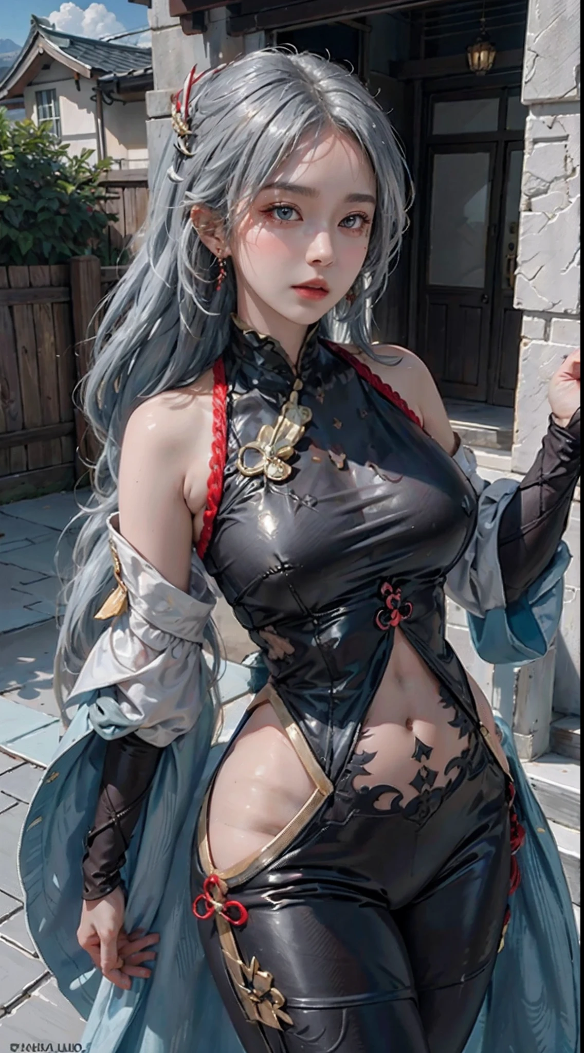 photorealistic, high resolution, soft light,1women, solo, hips up, (detailed face),tattoo, jewelry, grey hair,long hair,hair ornament, hair over one eye,,blue eyes,earrings,braided ponytail,puffy sleeves,gold trim,gloves,bodysuit,large breasts,breast curtain, shoulder cutout,covered navel,hip vent,clothing cutout, tassel, shenhe \(genshin impact\), standing on top of mountain, cloud