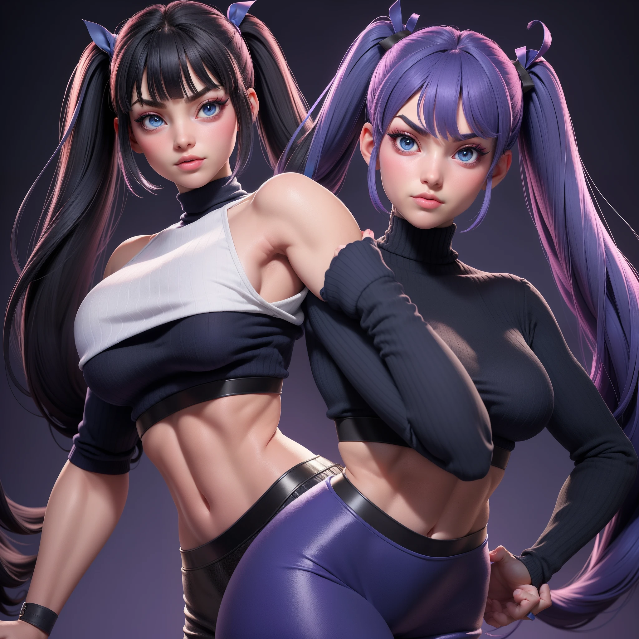 1fille, Juri Han de Street Fighter, gros seins, grande largeur, Largeur gigantesque, ABS, seulement, cheveux longs, crop top noir, regardant le spectateur, fond bleu, cheveux noirs avec des rares meches violettes dans les cheveux noirs, fond simple, two side up, turtleneck, yeux bleus, minora, mouth closed, ruban, Hair tape, frange, turtleneck sweater, Haut du corps, separated bangs, ruban noir, ribbed sweater, Twintails, nez,