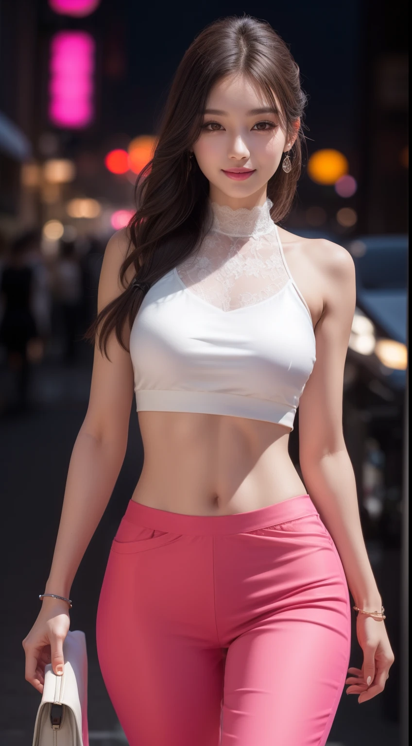8K, Masterpiece, RAW photo, Best quality, Photorealistic, Extremely detailed Cg Unity 8K wallpaper, Depth of field, Cinematic light, Lens flare, Ray tracing, (Extremely beautiful face, Beautiful lips, Beautiful eyes), intricate detail face, ((ultra detailed skin)) 1girll, In the dark, deepshadow, Pretty Korean girl, Kpop idol, 1 girl, (Very slim and slender muscular body:1.3), ((view the viewer)),(Big smile:1.3), (Tight lace-up blouse), (White color blouse), (Sleeveless) , (Fashion night, Dark night, (neon lights sign), (Blurred background), Fashion Street Night),(No one is in the background:1.3), Beautiful earrings, bangle, necklace, Pantyhose, Clear eyes, (Pale skin), (Big eyes), Face forward, ((upperbody shots)), ((Silk hot pink pants:1.3)),(brown hairs),((Skinny silk pants)), (view the viewer:1.3) open breast, Very slim, Medium breasts, Turn Back, Back shot, see through shirt, Clear pants, updo hair, Hermès bag, Rope on the shoulder