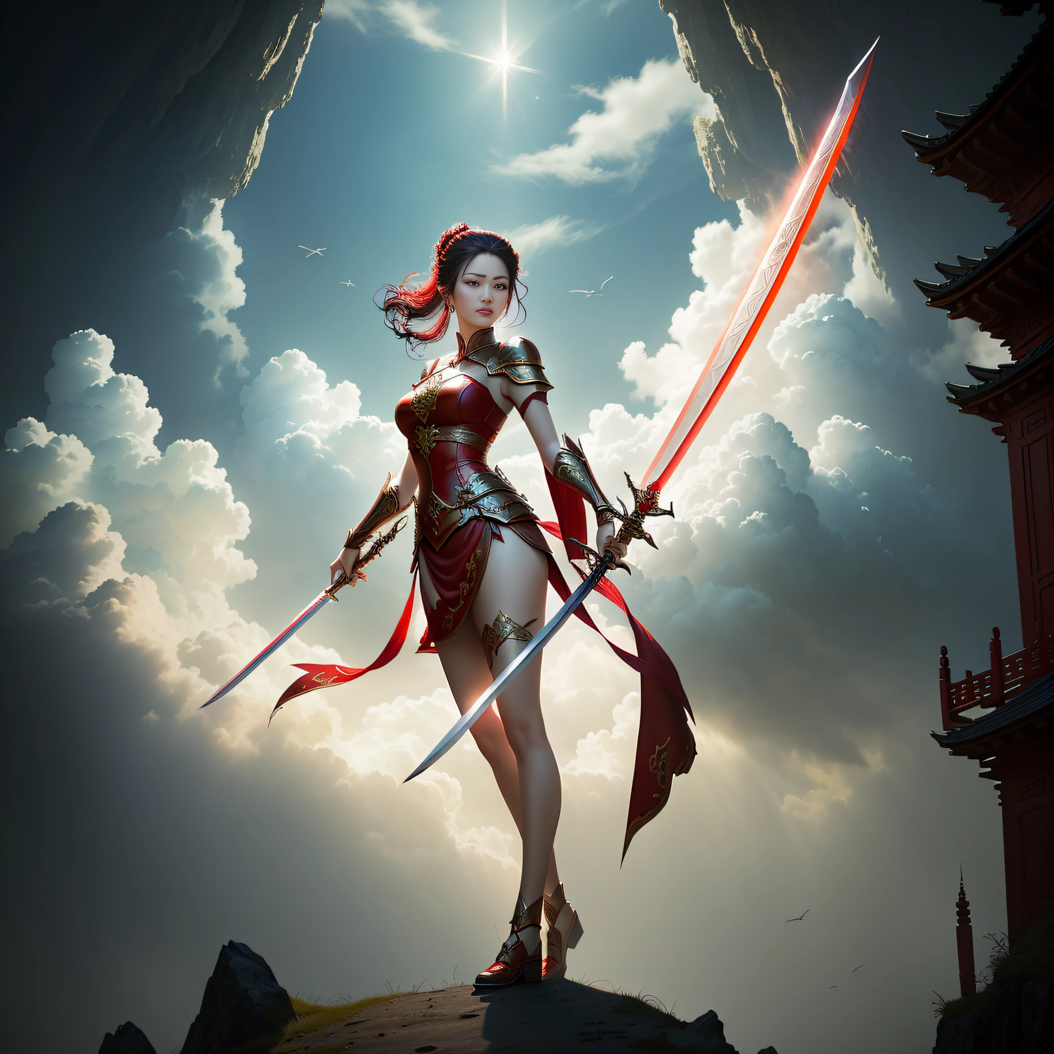 Beautiful woman in red dress holding a sword，Fly in the air,Detal Face, looks into camera，dramatic lighting fantasy, beautiful fantasy maiden, Fantasy Woman, fantasy character photo, Chinese fantasy, Ethereal fantasy, fantasy beautiful, beautiful fantasy art, cloud goddess, she is holding a sword, Oriental fantasy, she is approaching heaven, Fantasy photography, Anime goddess, warrior princess
