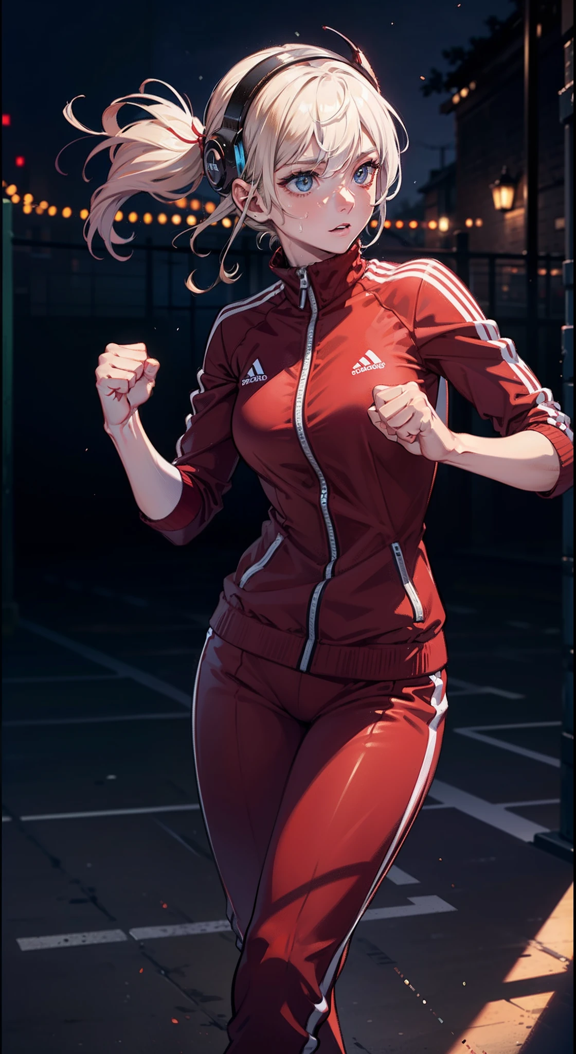 （primitive） ， （very detailed wallpaper） ， （best qualtiy） ， （tmasterpiece） ， Photographic reality， realisticlying， very detailed illustration， （1 girlirl） ， beautidful eyes， （delicated face） ， perfect  detail， （best illuminate） ， （super complex detail） ， ，red track suit，Fist fighting，Padded gloves，boxing headgear，Muscular female，Beads of flying sweat talking，track suit， 4K unification，（Ultra-detailed CG：1.2），（8K：1.2），realisticlying，rendering by octane
