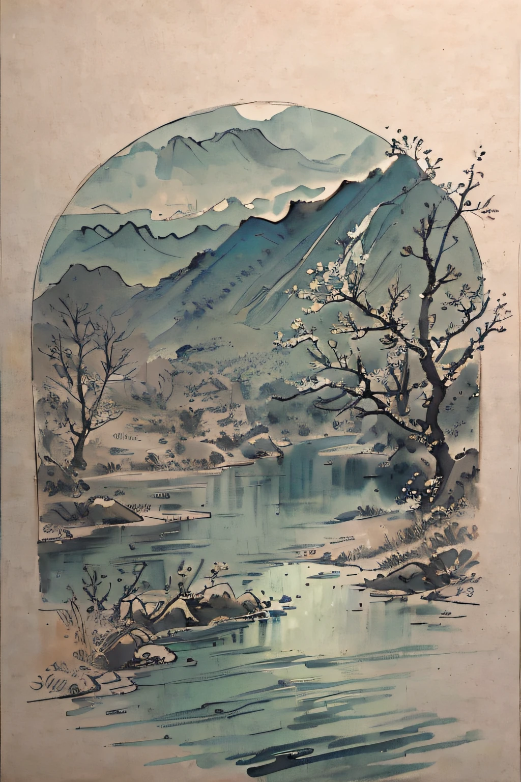 (Masterpiece, best quality: 1.2), traditional Chinese ink painting, green mountains, rivers, simple composition