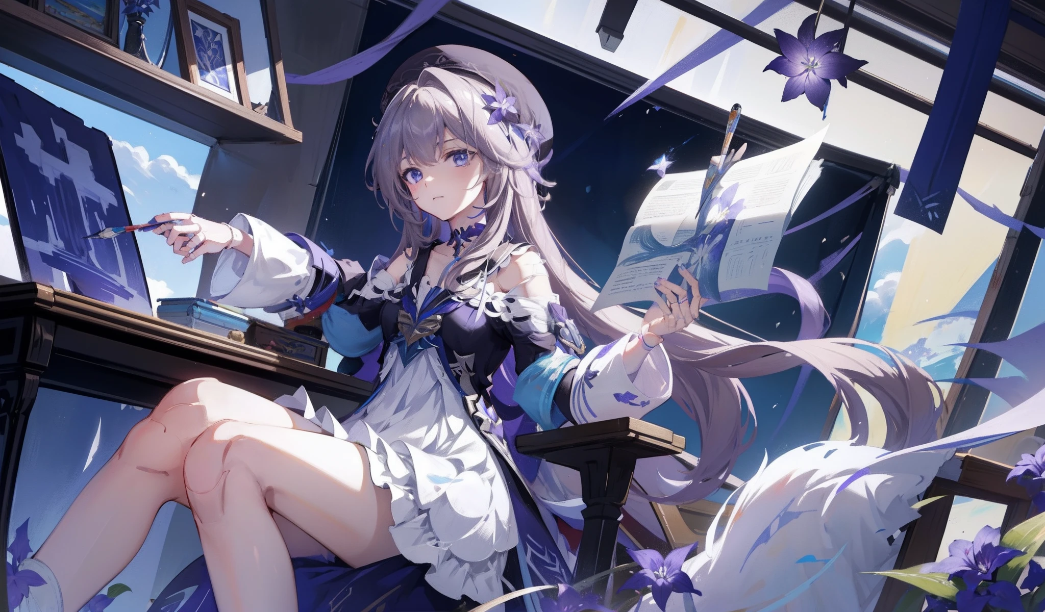 herta \(honkai: star rail\), sitting down on an armchair, desk, rolls of colourful fabric, sewing equipment, painting equipment, shelves, holding paintbrush, painting a picture, looking at paper, 1 person, blue, purple, white, black, purple flowers, studio, splash art