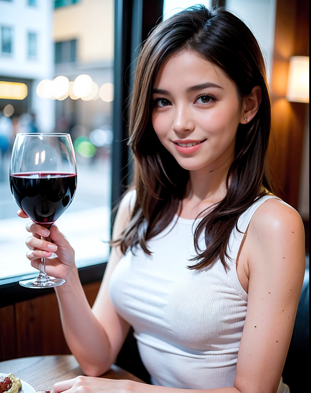 (64K, UHD, top quality, masterpiece: 1.2), (realistic, photorealistic: 1.37), super detailed, pretty woman 1 person, (slim face), (slim body), (brown hair), (short cut), cheeks slightly blushing, (44 years old), 38 years old, solo, beautiful detailed urban night view outside the window, restaurant, wine glasses sit, at night, in a prominent placeNovaFrogStyle, Actress, Model, Waist Up, White Wine, Slim, Wine Glass, Super Clean Night View, Wine Glass Put in the Middle, Happy Smile, (Smile: 1.15), Beautiful Fine Eyes, Upper Body, Bust Japan Up, Night, Short, Short, Actress, Model, Waist Up, White Wine, Slim, Wine Glass, Super Clean Night View, Wine Glass Put in the Middle, Happy Smile,