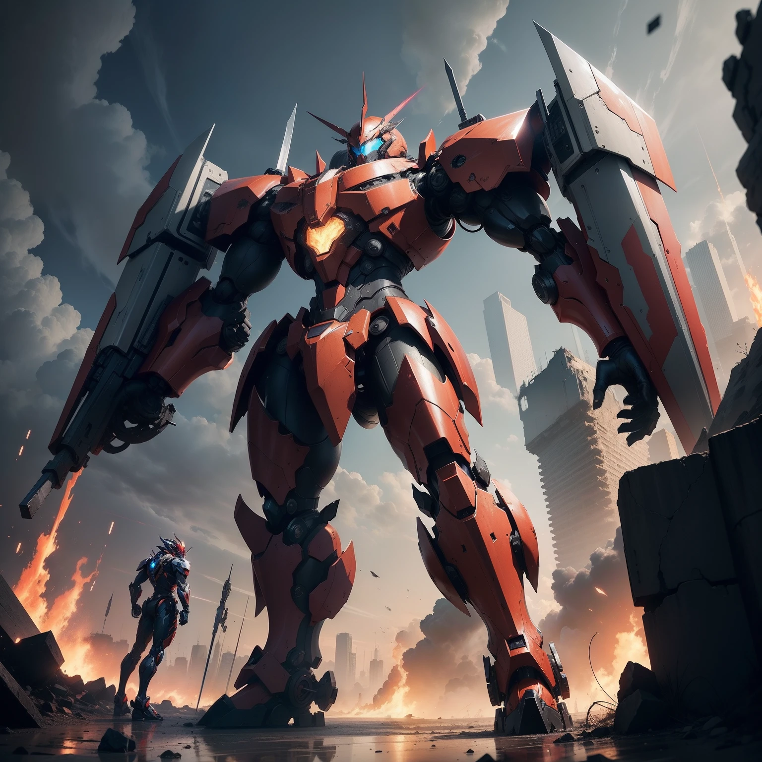 Create an anime-style mecha illustration with a layered armor design. The mecha should have a base red armor, and on top of it, there should be an additional layer of black armor. The black armor should be designed in a way that allows the red color of the base armor to still show through, creating a visually striking contrast.
This mecha should have a more imposing and heavy appearance. Emphasize its offensive power with a legendary-looking sword held in one of its four arms. The sword's design should exude a sense of ancient grandeur and raw energy.
To showcase the mecha's increased size, place it in a scene depicting a partially destroyed city. The mecha's height and presence should stand out amidst the wreckage, giving a sense of scale.
Incorporate four arms into the mecha's design, creating a unique visual feature that contributes to its imposing look. Each arm should be distinct in its design, reflecting its role in combat.
Pay attention to the details of both armor layers, ensuring that the red and black colors harmonize and create a visually appealing contrast. The layered armor should add depth and complexity to the mecha's overall appearance.
Feel free to experiment with dynamic poses and angles to highlight the mecha's offensive prowess and enhanced stature. Incorporate fine details in the sword's design to make it truly appear as a legendary weapon.