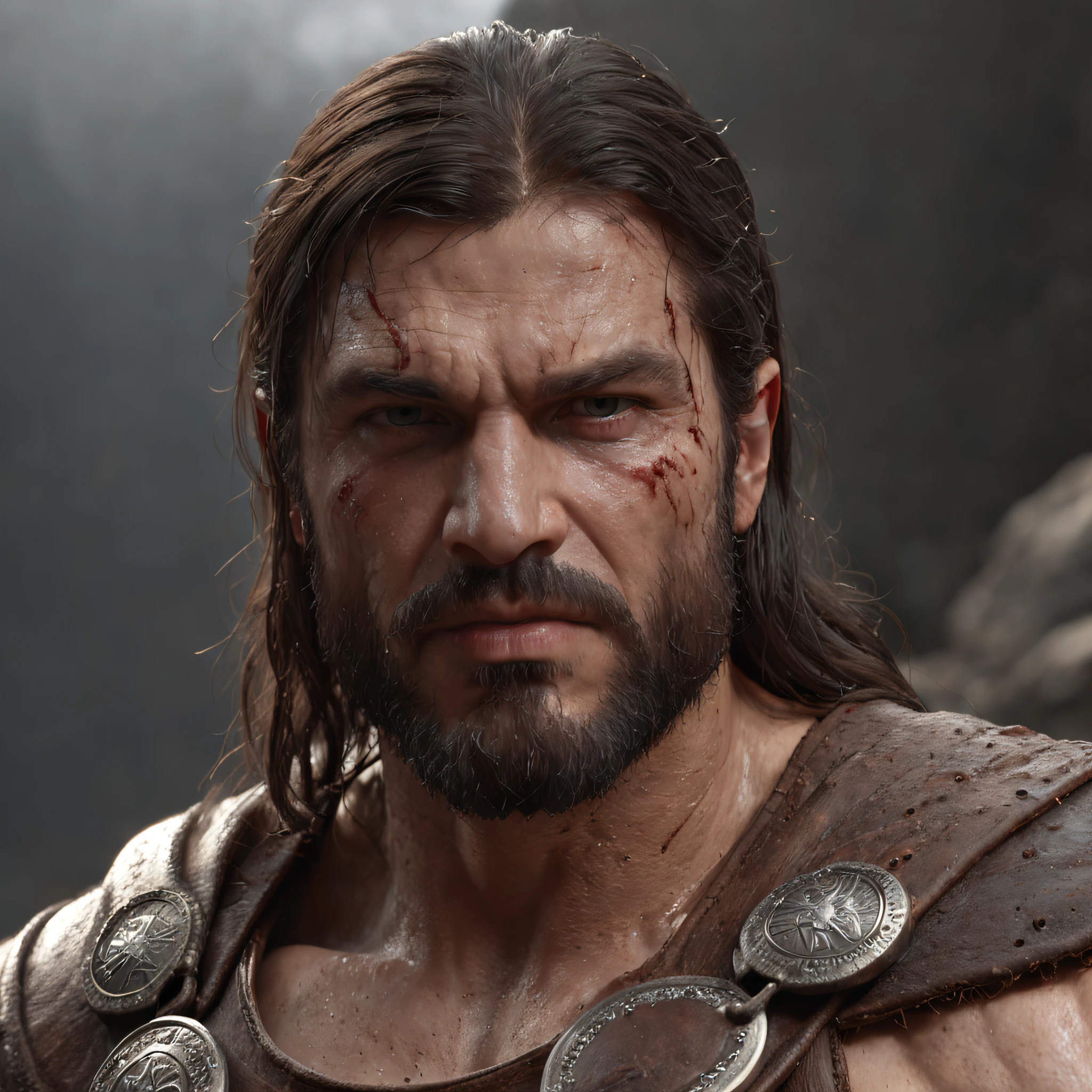 Um homem com cabelos longos e barba usando armadura em uma cena do filme Noah, jason momoa as assyrian, Directed by: Roman Bezpalkiv, karl urban as a dragonslayer, na captura de tela do filme 300, 8 k filme ainda, filme ainda 8K, biblical epic movie, de witcher (2021)