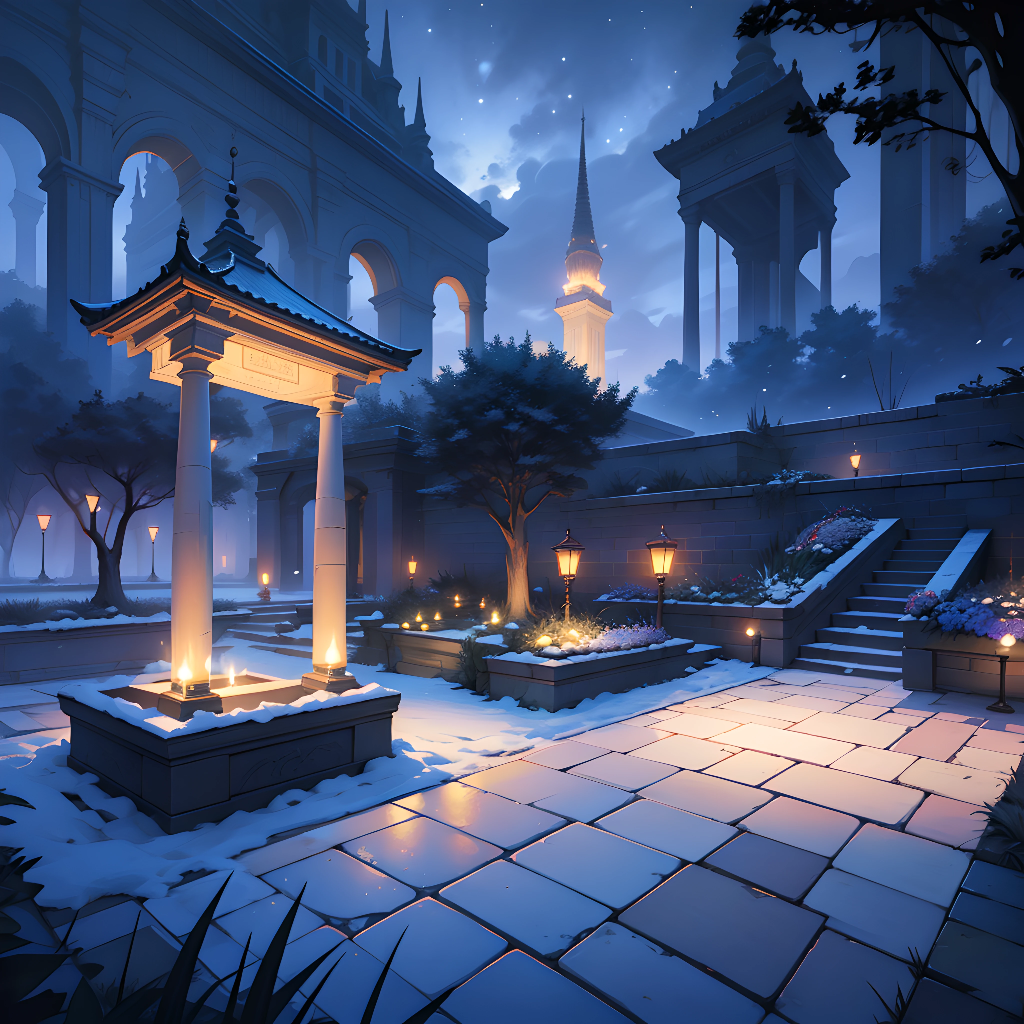 (A captivating masterpiece) Best Quality, High resolution, Vibrant and dazzling, Unique and breathtaking, Delicate and magnificent, (featuring)   Soft lighting, And a dreamy atmosphere.natta、pillars、Warm light、natta、stele、White pillars、Yuki、low angles、Night,Atmospheric lighting、Garden at night、Atmosphere Lighting、Ocean wind、candles、dynamic compositions、garden、florals、Fantasia、Good architecture、Volumetric lighting、movie、Good architecture、(top-quality、awardwinning、​masterpiece:1.5)、Ocean wind、In the castle garden、There is a little snow、stairway、Large square、composition seen from below、Dynamic composition、