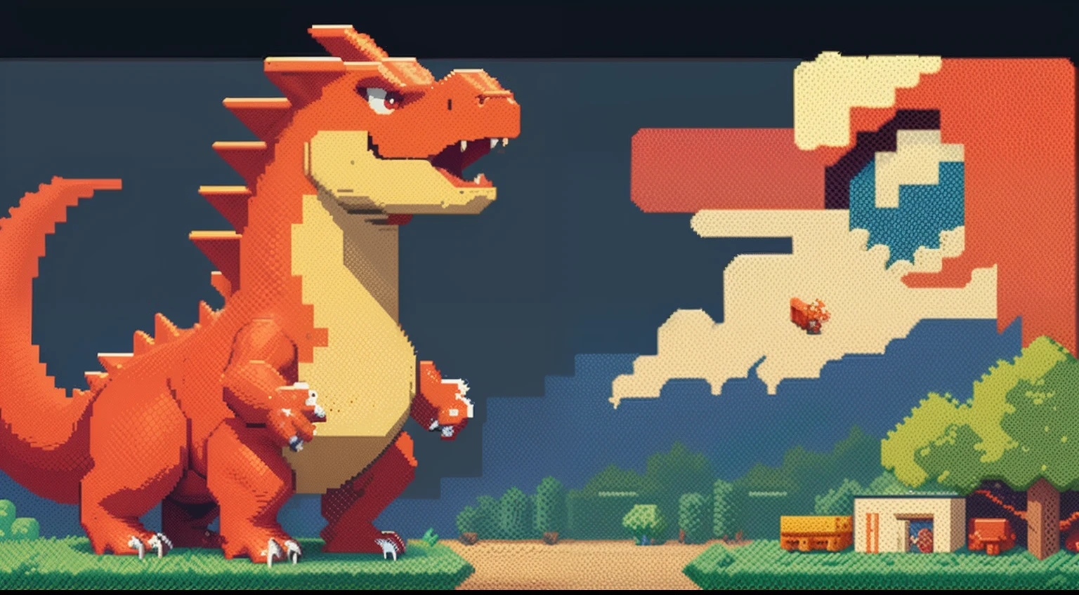 Close up of red dinosaur pixel image,Cute dinosaurs,Dinosaur and villain interact,1:1 Cephalic body,Dragon pixel art, 1 0 0 0 x 1 0 0 0 pixel art, pixel art sprite, videogame sprite, high quality pixel art, Pixel art vintage Digimon bitmap, For red and blue Digimon, Pixel uh, 32-bit pixel art, vintage art, pixel art 8 - bit, pixelart style