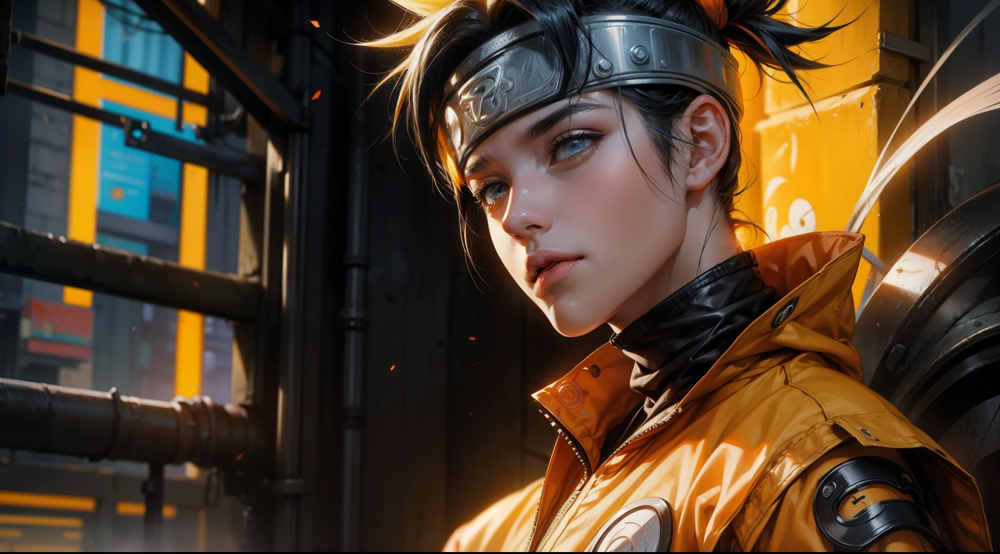 naruto anime wallpaper, naruto wallpaper, in the style of cyberpunk dystopia, light yellow and dark orange, realistic oil paintings, associated press photo, zigzags, cartoon mis-en-scene, gadgetpunk