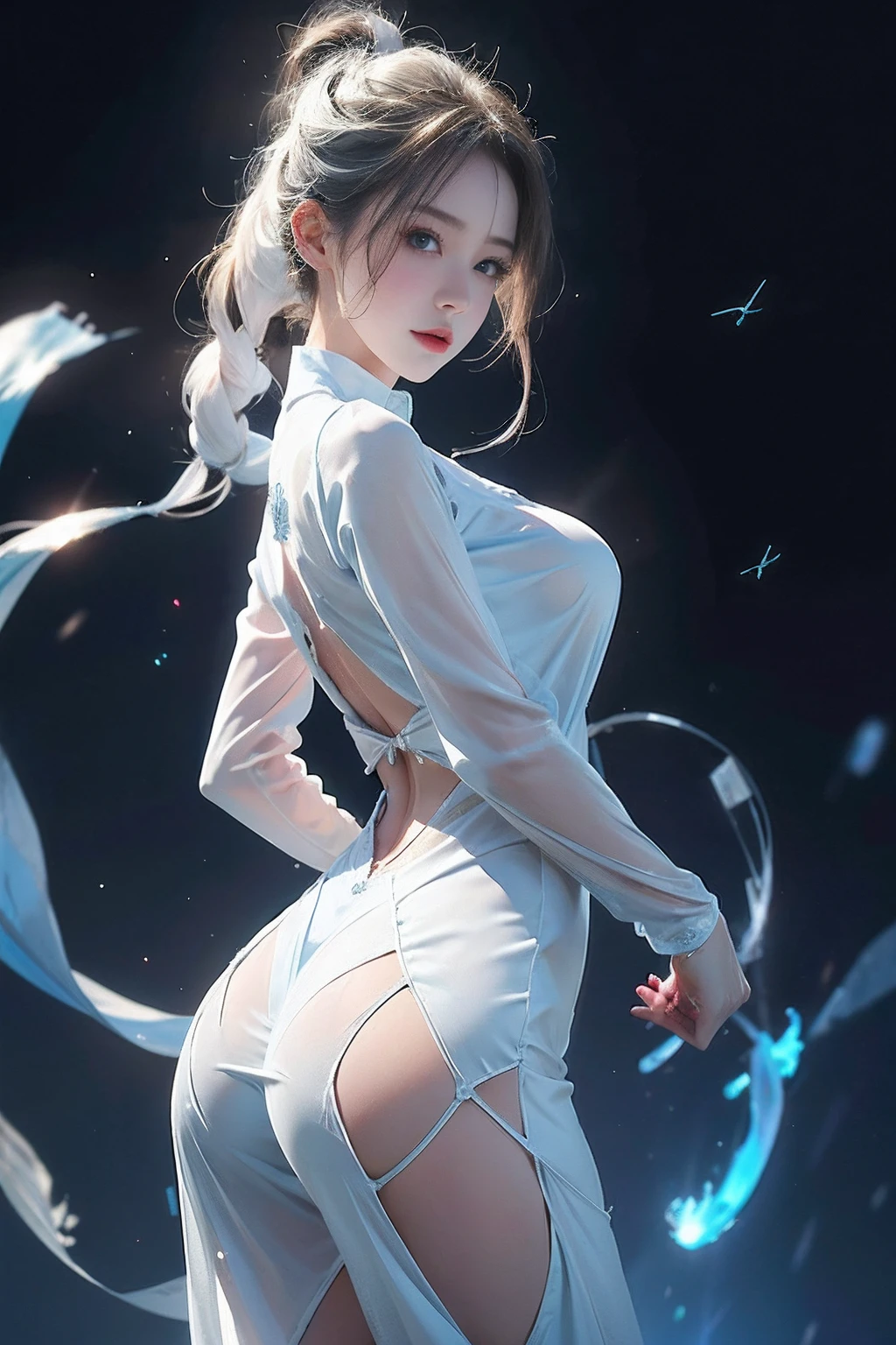 realisticlying, A high resolution, 1 rapariga, White color hair, korean people, eBlue eyes, The transparent cheongsam is flying,Sheer tight-fitting garments,Beads of sweat dripped down the buttocks,Large chest,Wide buttock, your ass,Butt visible,Visible on the back,buttocks visible,Ass pouted,wide wide shot,Cinema lenses,The skin glows,space ship,