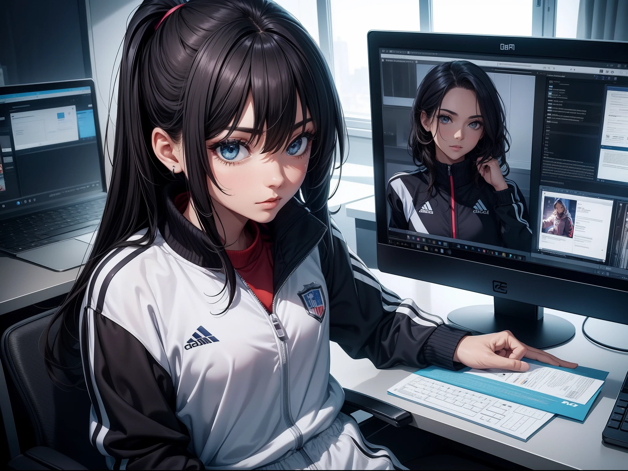 Best quality，tmasterpiece，Beutiful women，track suit，Looking at the PC，There is a person on the computer screen，Modern room，