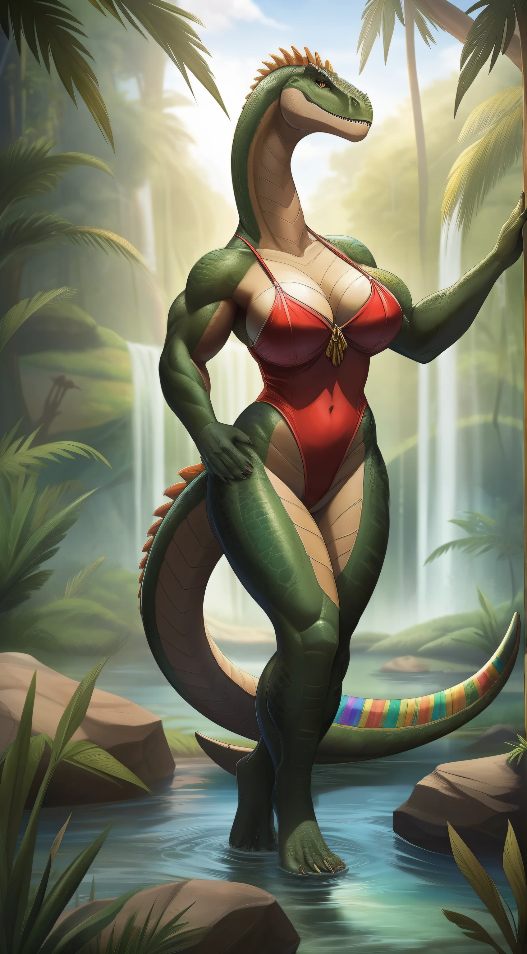 Anthropomorphic, woman creature hybrid, Dinosaur, brontosaurus, Apatosaurus, dragon, snake, crocodile, high cut leotard floral pattern, muscular, thicc, busty, fit body, hourglass body, sexy, bare feet, long neck, very long neck, scales, scaly, hair, furry, beautiful, tail, rhinoceros horn, jungle, swamp, river, fierce, teeth, sexy hips, long arms, lovely, loving wife, rainbow, giant,