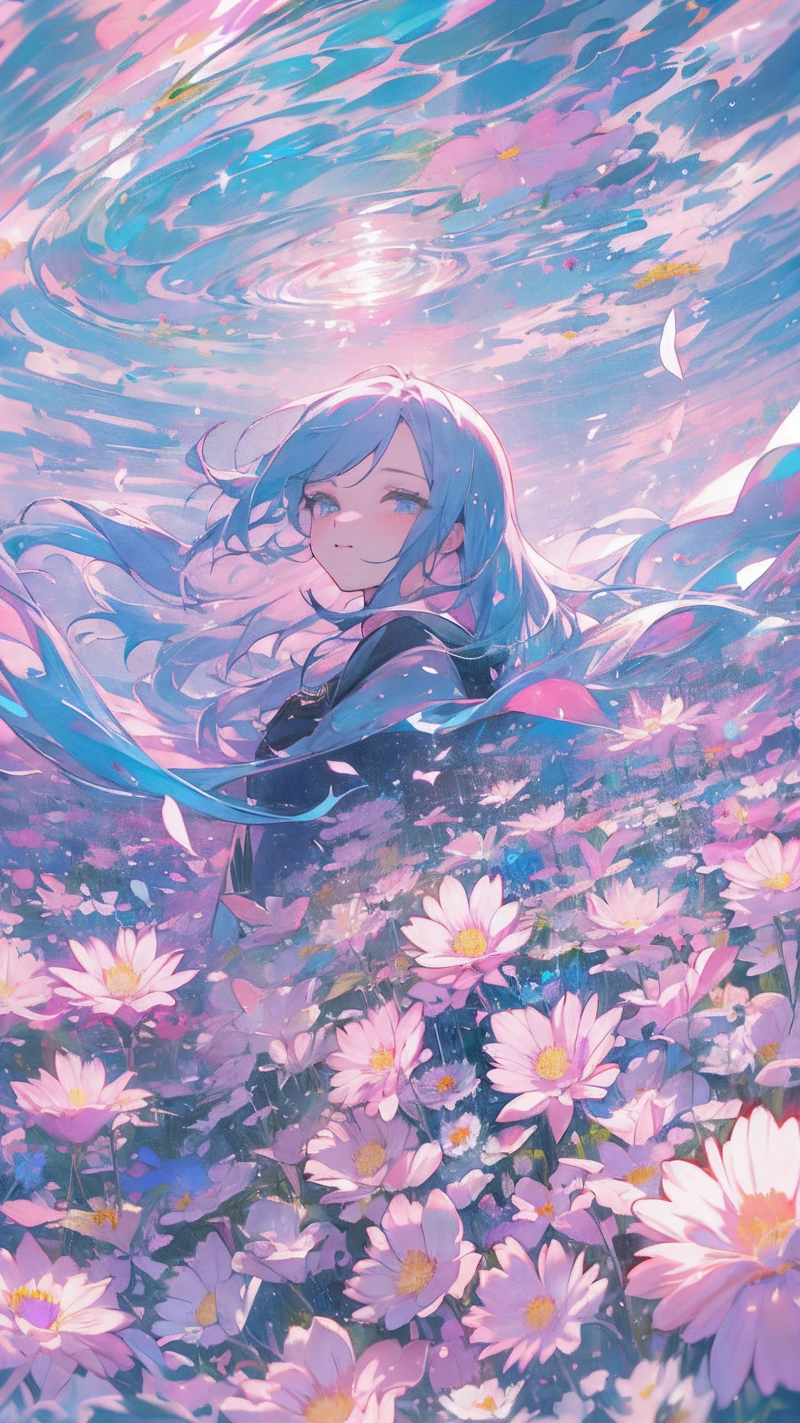 best qualtiy，k hd，one-girl，good-looking face，flower  sea，𝓡𝓸𝓶𝓪𝓷𝓽𝓲𝓬，fanciful，imagining，dream magical，illustration