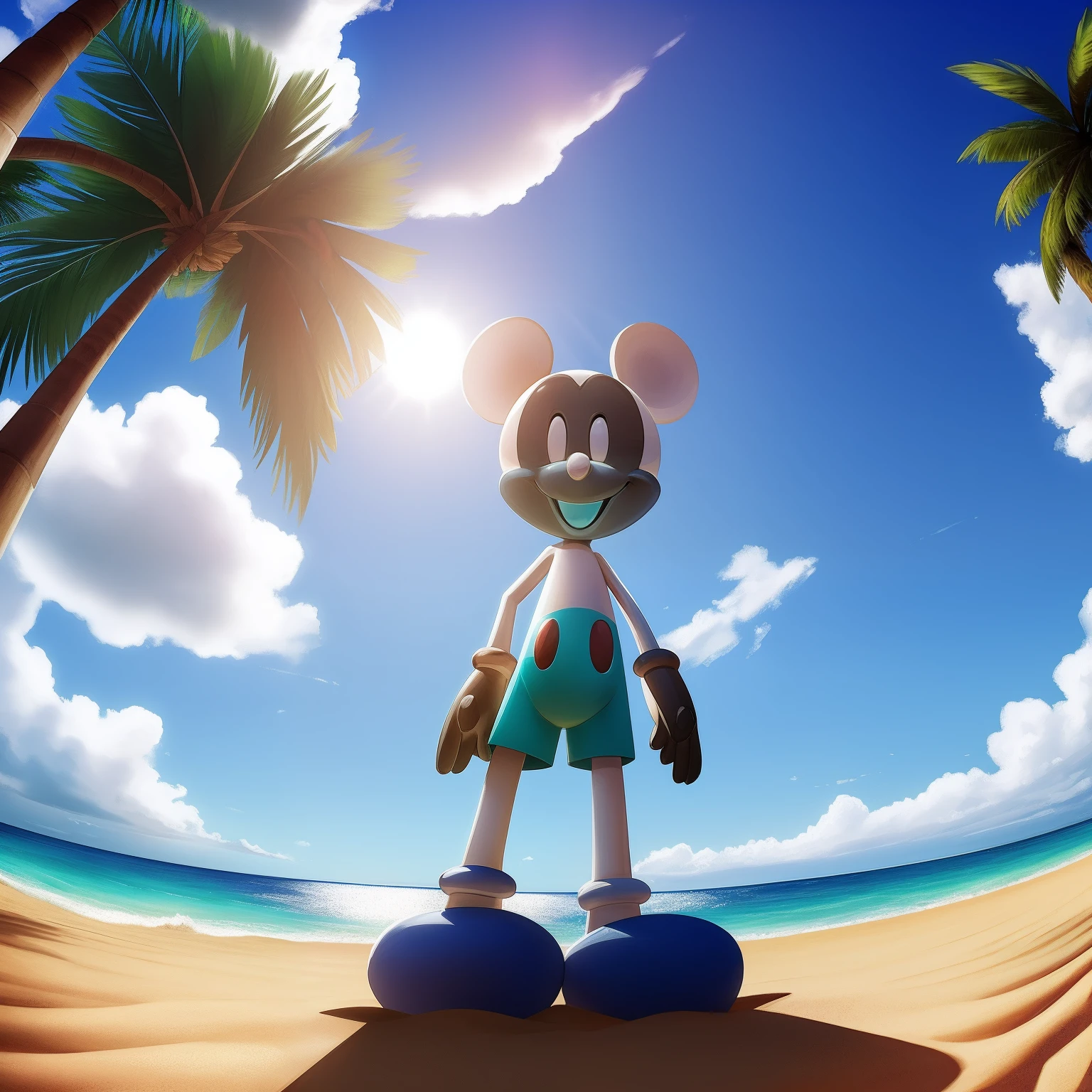 Mickey Mouse, black circular eyes with white pupils, open smile, staring at the viewer, closer to the viewer, full body, enjoying the place, dynamic angle, beach background, detailed art, palm trees, intricate details, dynamic pose