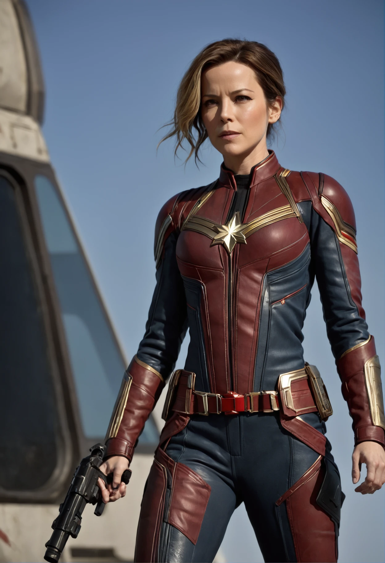 [+1.5] Kate Beckinsale as Captain Marvel, soaring through the vastness of space, with her commanding presence and stunning realism.