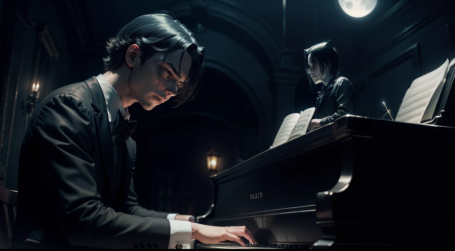 A sad boy inside a dark and creepy mansion at night playing the piano alongside a sinister orchestra, Music notes, music, Horror music, cores escuras e sombrias, Magic Flashes, moon illumination, magic lights, cinemactic