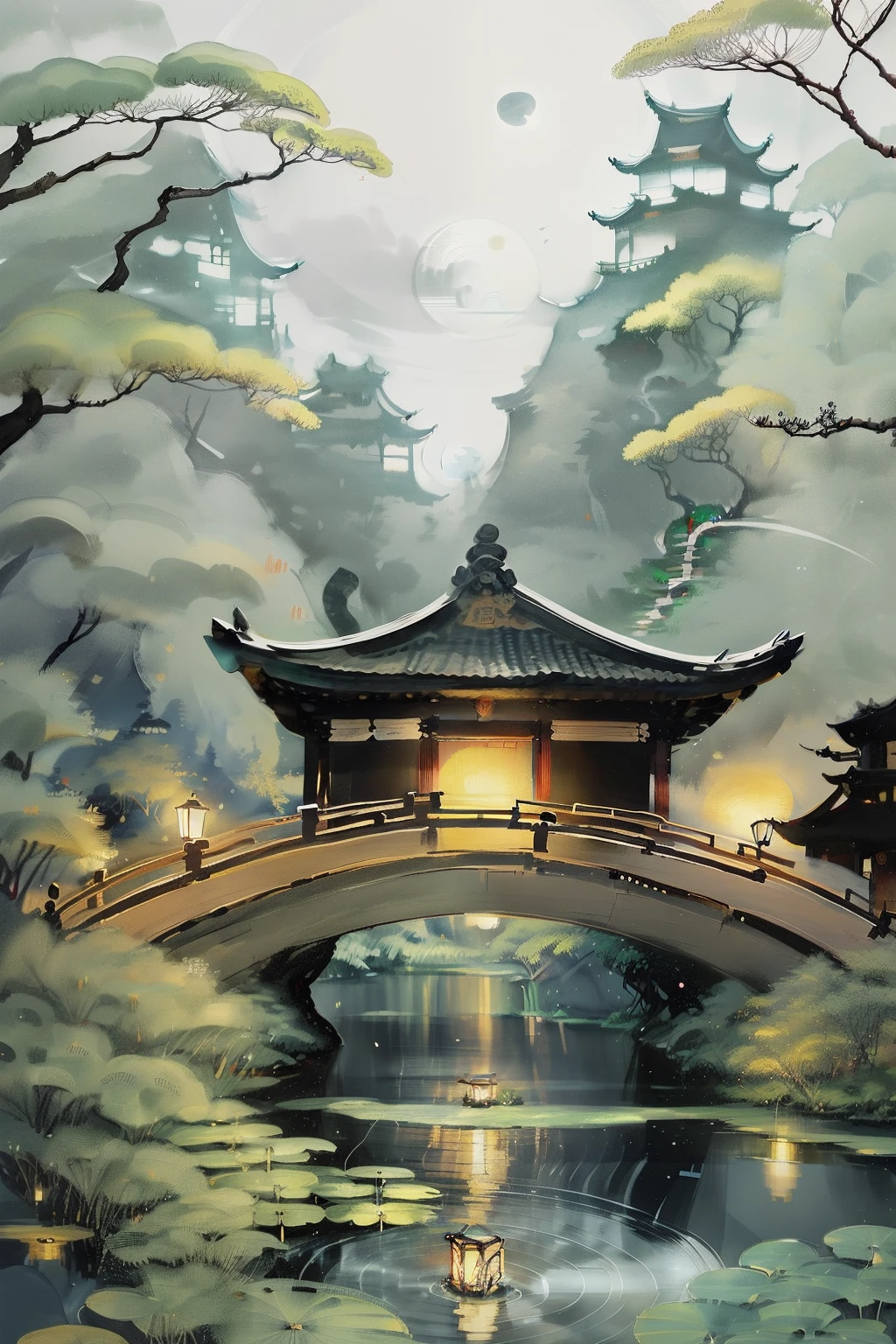 masterpiece,best quality,Chinese martial arts style,an asian night scene with lanterns and water lilies,asian pond with many lanterns and boatsa night scene with many lights and boats in the water, Lake surface, lotus flowers,beautiful night scene,(((Chinese martial arts style))), with vast sky, continuous mountains and steep cliffs, ink wash style, outline light, atmospheric atmosphere, depth of field, mist rising, bamboo, pine trees, octagonal stone pavilion, waterfall flowing water,big full moon,(No color) , Monochrome, light color,