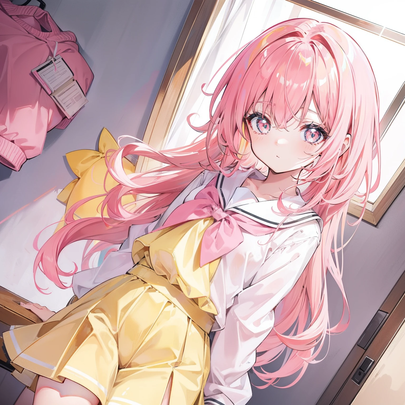 Glowing light pink yellow with hair and pupils,School uniforms in pink, yellow and white,Sweet girl,The whole is shining