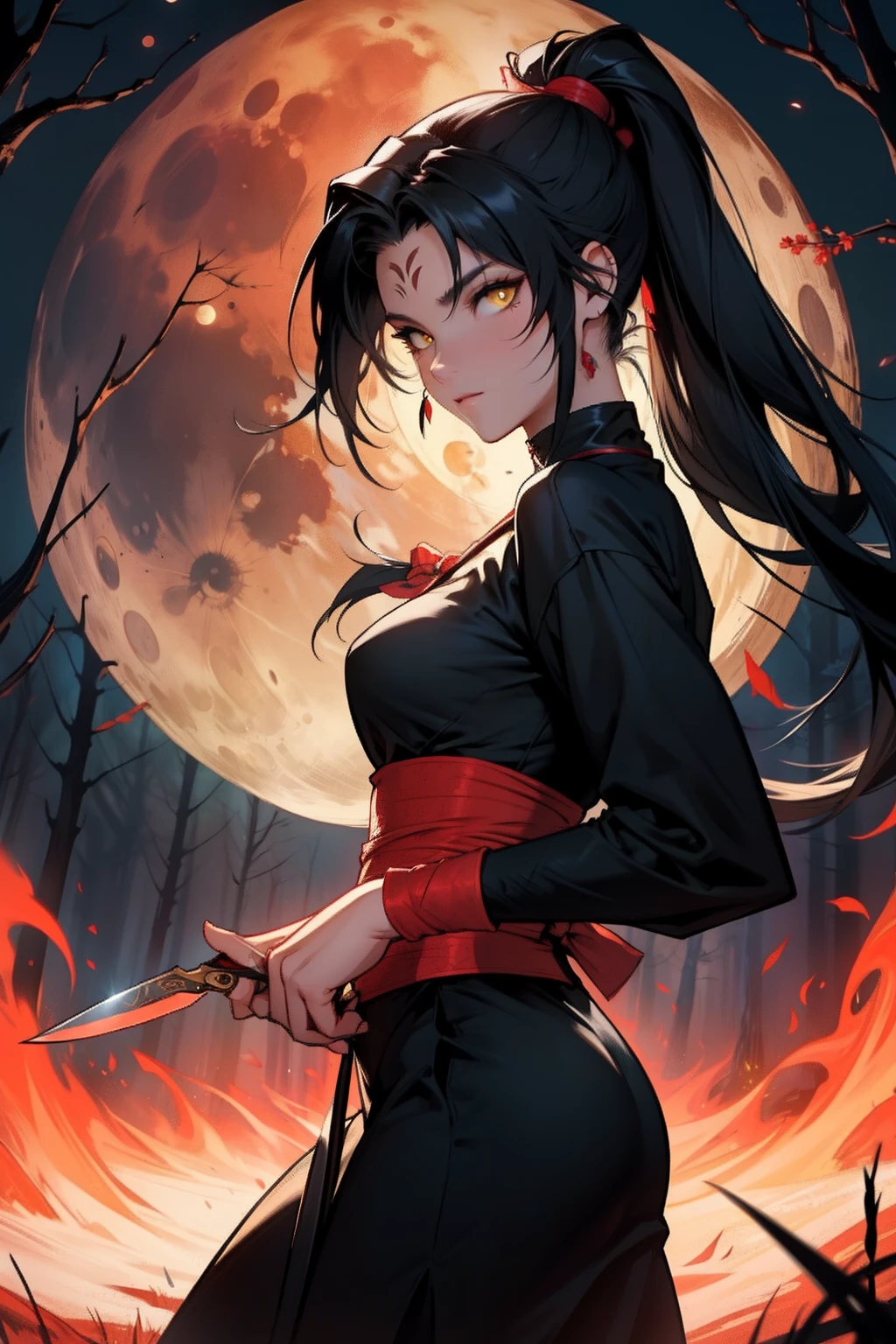 ninjartist lunar eclipse the woods knifes Long black hair Yellow eyes Beautuful Women