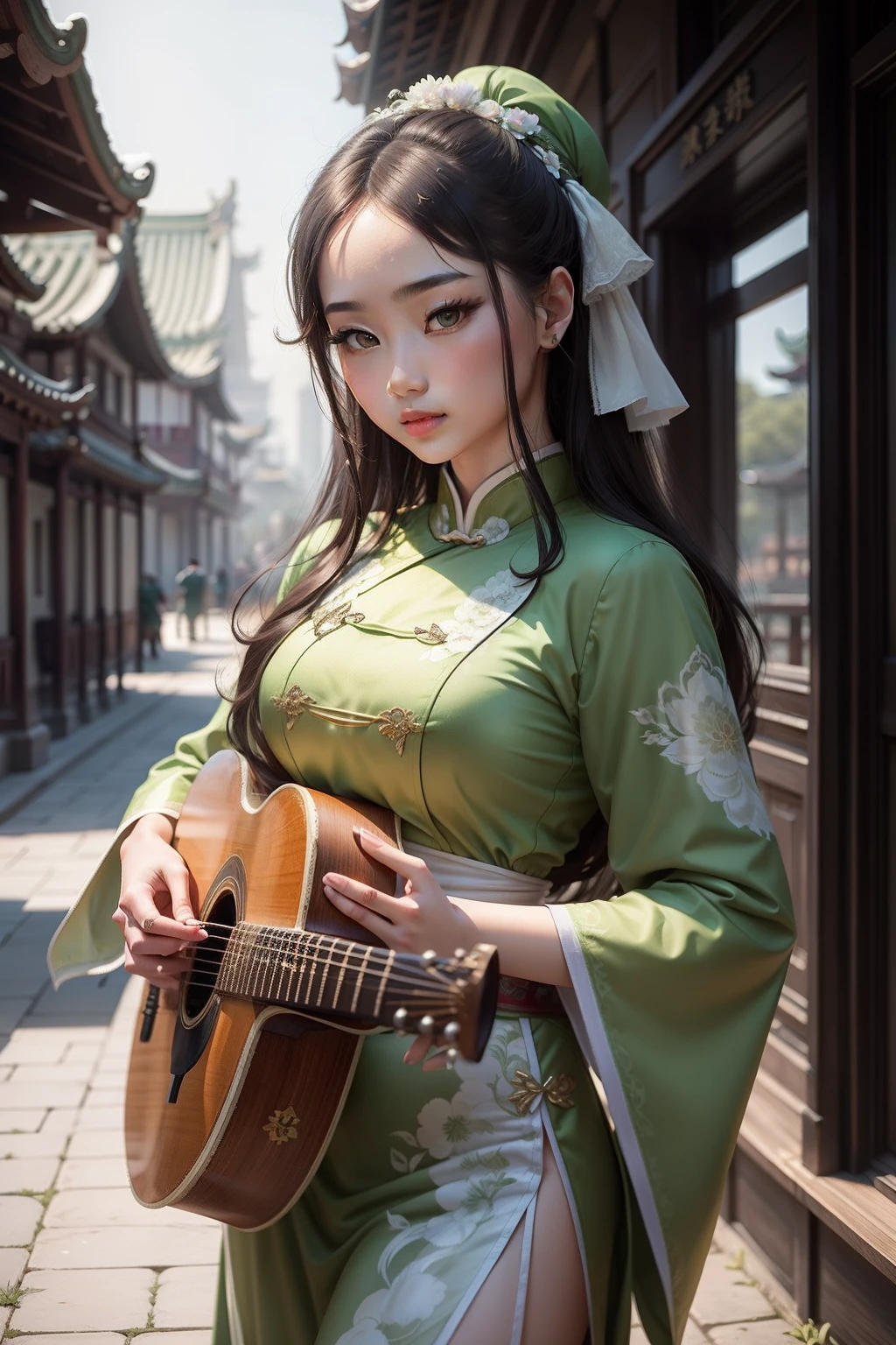 Classical beauty in green and white Han costume under classical Chinese architecture,The beauty holds a lute
