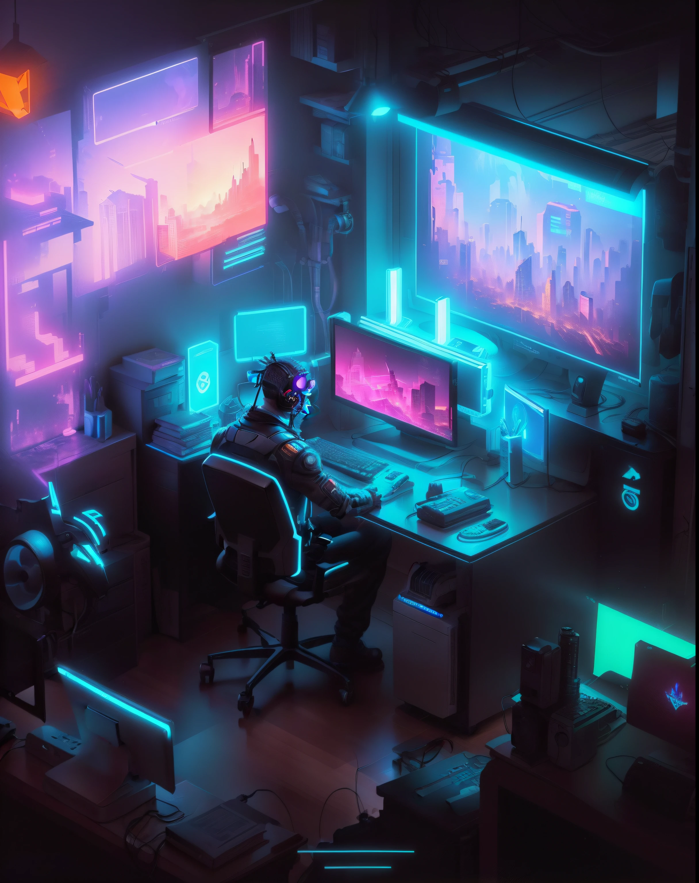 there is a man sitting at a desk with a computer, detailed 2d illustration, arte de jogos de computador, 2d digital illustration, Dan Mumford. 8K octane rendering, 2d illustration, 2d illustration, 2d digital illustration, digital concept art illustration, estilo de arte cyberpunk, cyberpunk setting, folhagem exuberante cyberpunk, cyberpunk na folhagem