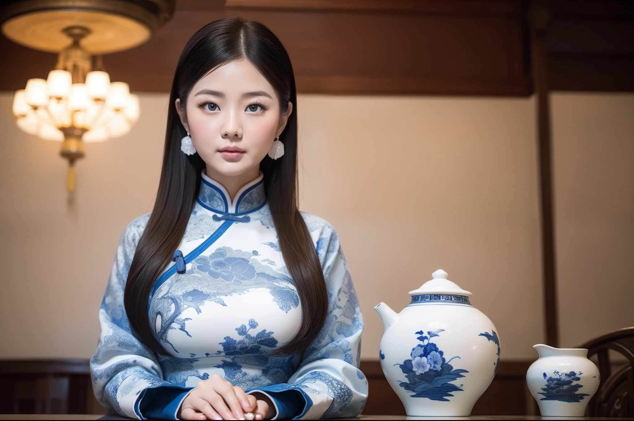 China-style,Oil paints,(Blue and white porcelain style:1.4),(hanfugirl:1.5),ancient china art style,Ancient buildings,Beautiful chubby asian woman in Call of Duty style, , Photos taken with a Canon EOS R5 DSLR camera, Cinematic lighting, Ultra photo realsisim, Intricate details, Her face is delicate