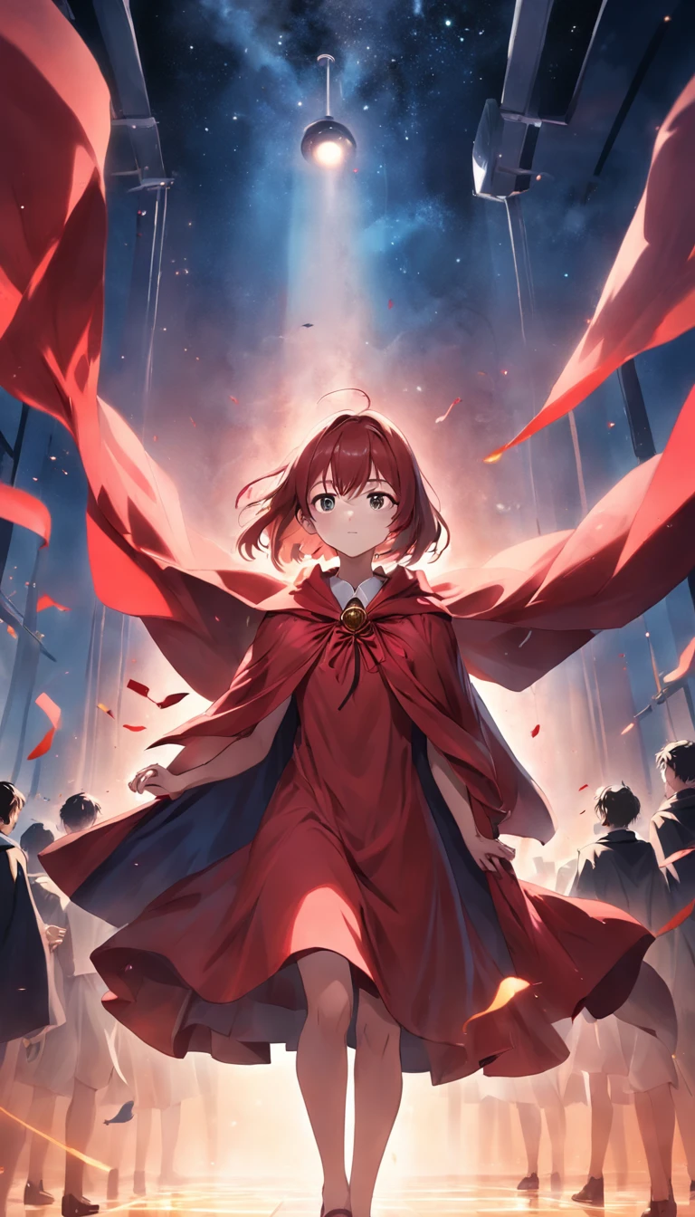A mysterious woman in a red cape holds a graduation ceremony with a group of classmates