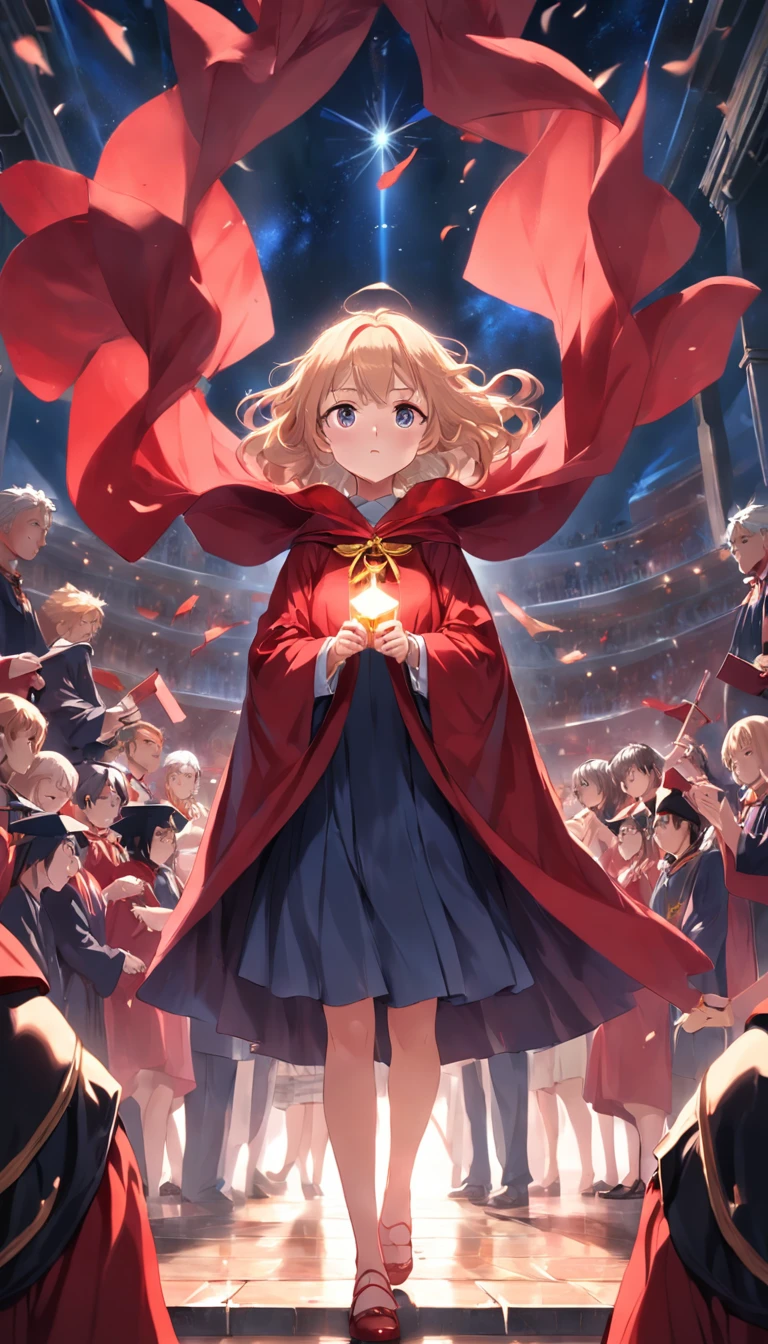 A mysterious woman in a red cape holds a graduation ceremony with a group of classmates