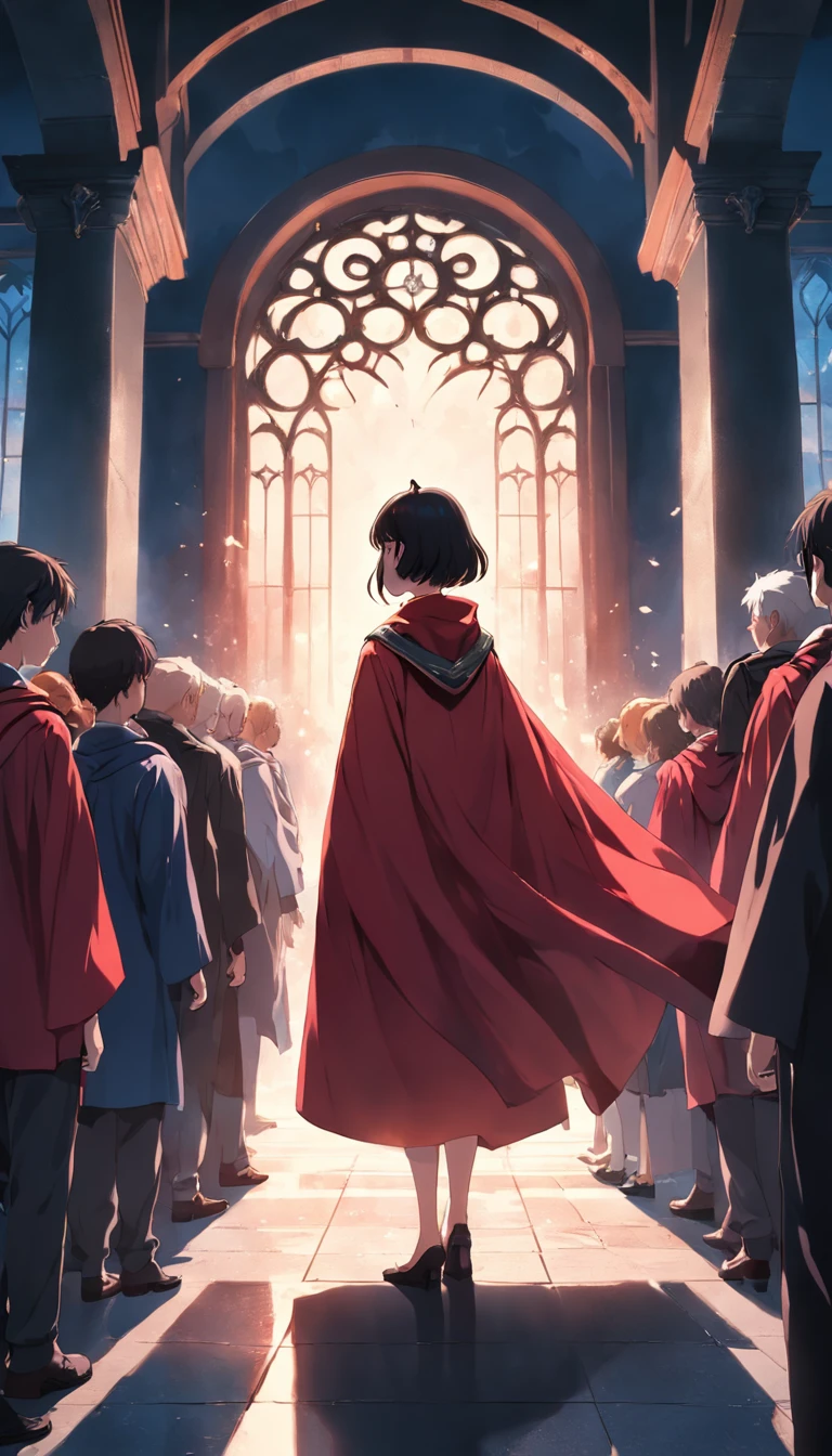 A mysterious woman in a red cape holds a graduation ceremony with a group of classmates