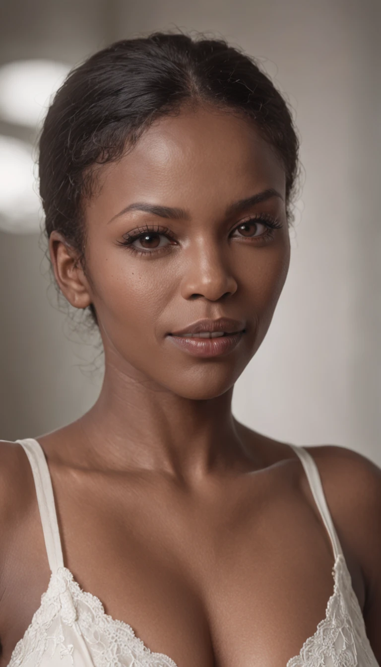 RAW photo, Real Photographics, A beautiful and stunning portrait of a black Brazilian woman, Nearly forty years old, with ((Dark brown skin)), Black African hair with a curly neck, Vivid clear brown eyes, Detailed face, Portrait of shoulders and face, voluptuous:1.3, (Wonderful, mediating, Symmetrical and round breasts), Wide hips, Beautiful round ass, Thick thighs, Wear a long-sleeved white button-down shirt,a screenshot of a landscape with (Long black skirt:1.5), depth of fields, high light,Real light,Ray traching,oc rendered,Hyper-realistic,best qualtiy,8K,Works of masters,super-fine ,Correct anatomy,sharp focus on eyes,Bokeh,Facial features are carefully depicted