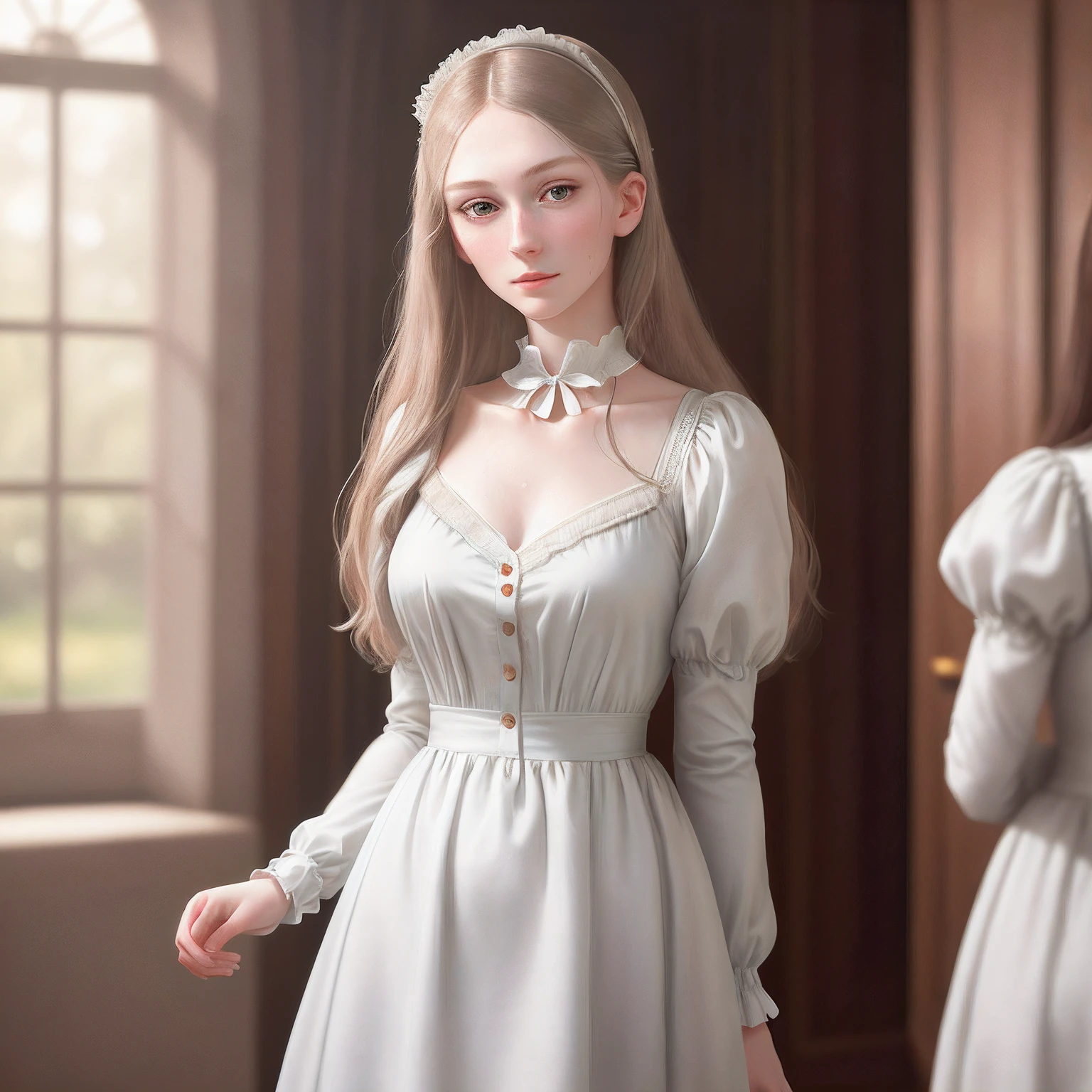 Amazingly beautiful girl from England, Florence Nightingale, beautiful girl, 2girl in one potrait, 2 girl are twins, looks 19 years old, Victoria, pale skin, (((realistic face)), realistic proportions, delicate body, staring at the camera, ballet moves, damp, white Victoria dress, loose collar buttons, nipple bumps, long loose hair, sweaty clothes, sweaty skin, fluffy chest, ((focus on the whole body)), ( Delicate Illustrations: 1.4), (Renaissance Art: 1.4), (Ultra High Resolution: 1.2), (Photorealistic: 1.4), (8K, RAW Photos: 1.2), (Soft Focus: 1.4), (18 years old: 1.3), (Sharp Focus: 1.4), Beautiful Face with Attention to Detail, Pure Rose Face_V1, Photorealistic Illustrations, Natural Light Lighting, Indoor