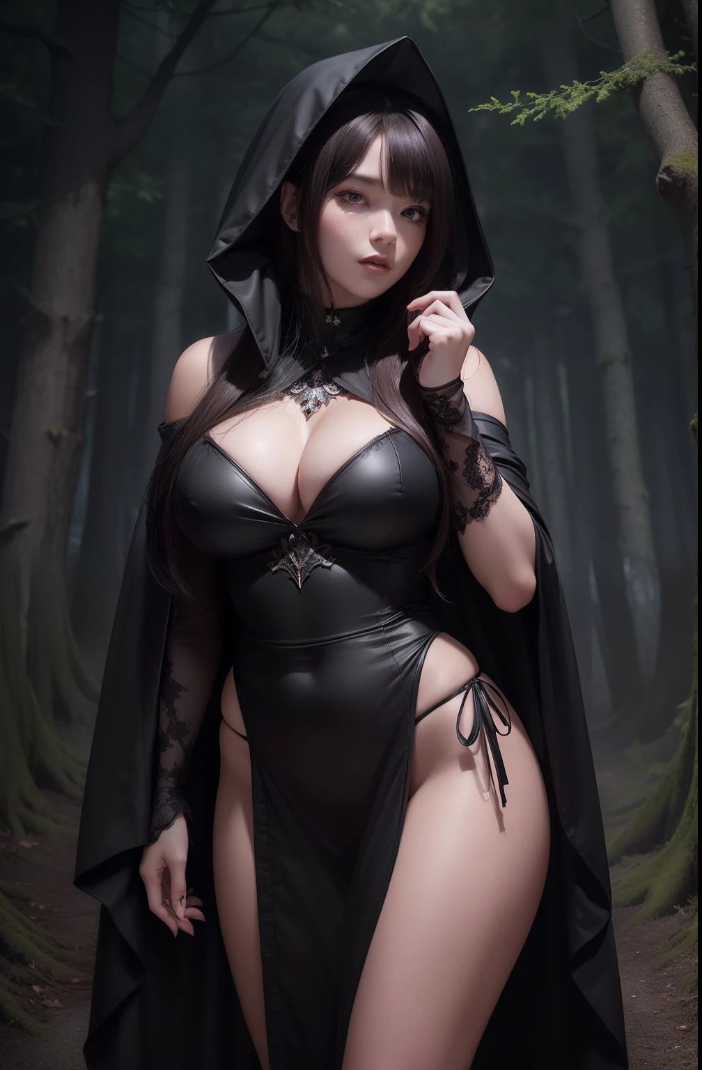 (masterpiece, best quality), sexy woman in a dark brown robe posing in a dark forest with luminous trees, (wearing dark brown robe with hood), dark robe, thicc, 8k high quality detailed art, extremely detailed artgerm, artwork in the style of guweiz, black - haired mage, seductive anime girl, mighty plump female sorceress, ((background: dark forest with luminous trees)), ((her body is wrapped randomly with black linen bondages))