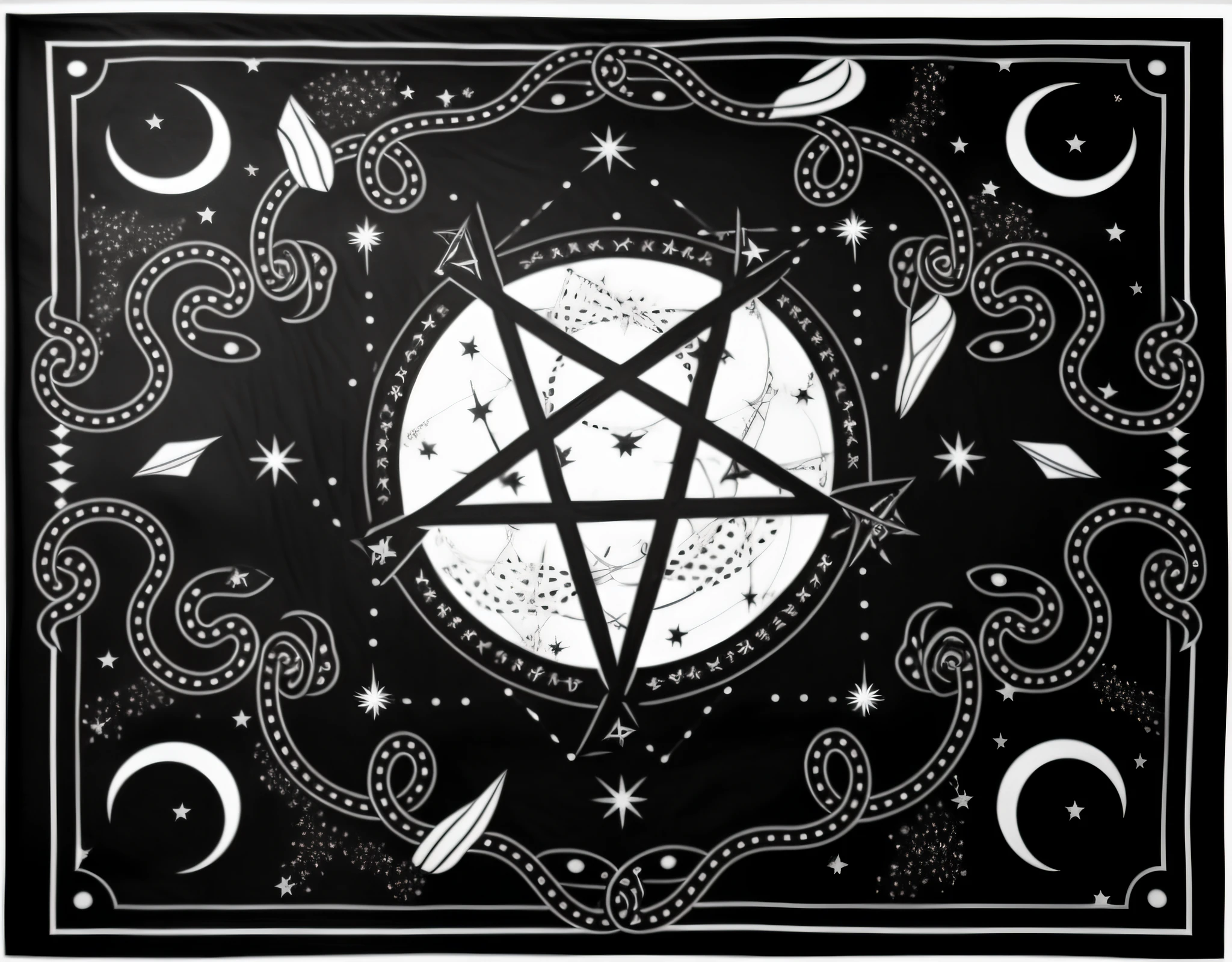 Black and white turban with pentagram and stars, Mystical aesthetics, Mystical aesthetic alchemy, Occult inspiration, pentacle, home wicca scene, pentacle, Pagan mysticism, sorcerous, wiccan, Mystical alchemy, as a tarot card, Something mysterious, Occult art, witch clothes, pentacle, astral witch clothes, summoning circle