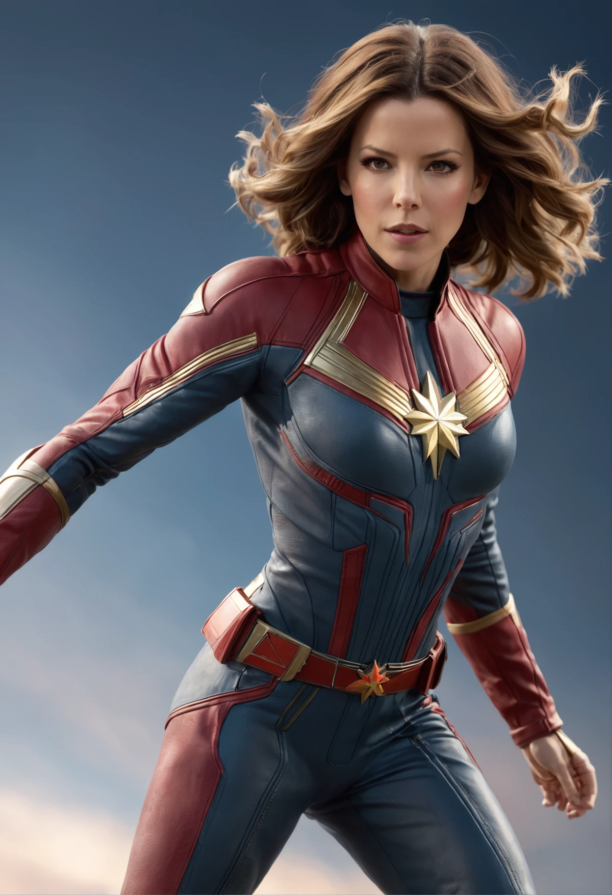 (Kate Beckinsale  as Captain Marvel:1.5) flying in space(1girl), showcasing her full body pose, with astonishing photo-realistic details.