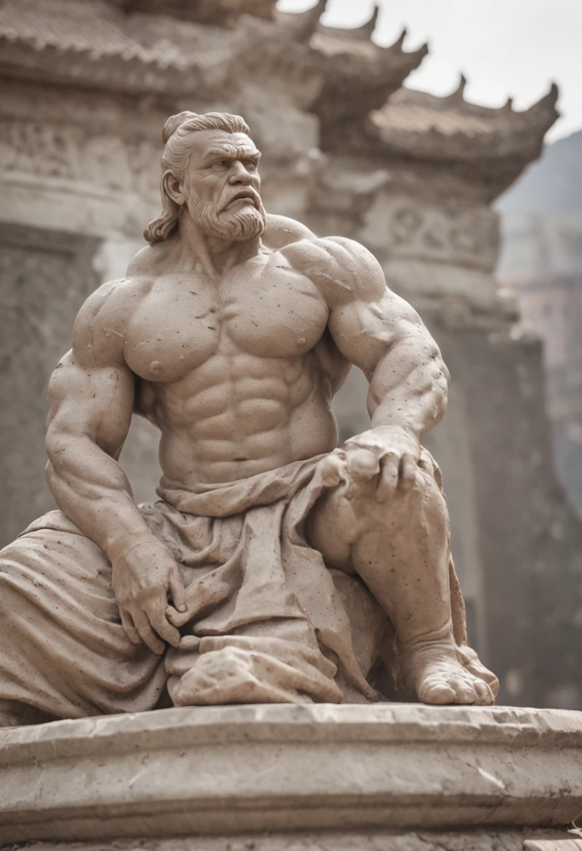 Top image quality, masutepiece, 超A high resolution, A huge stone statue is rampaging, Shake the club, Stone statue of a big man, muscular, Wearing only underwear, angry expressions, Destroy buildings, Stone statue color brown, The skin of a big man is made of rocks