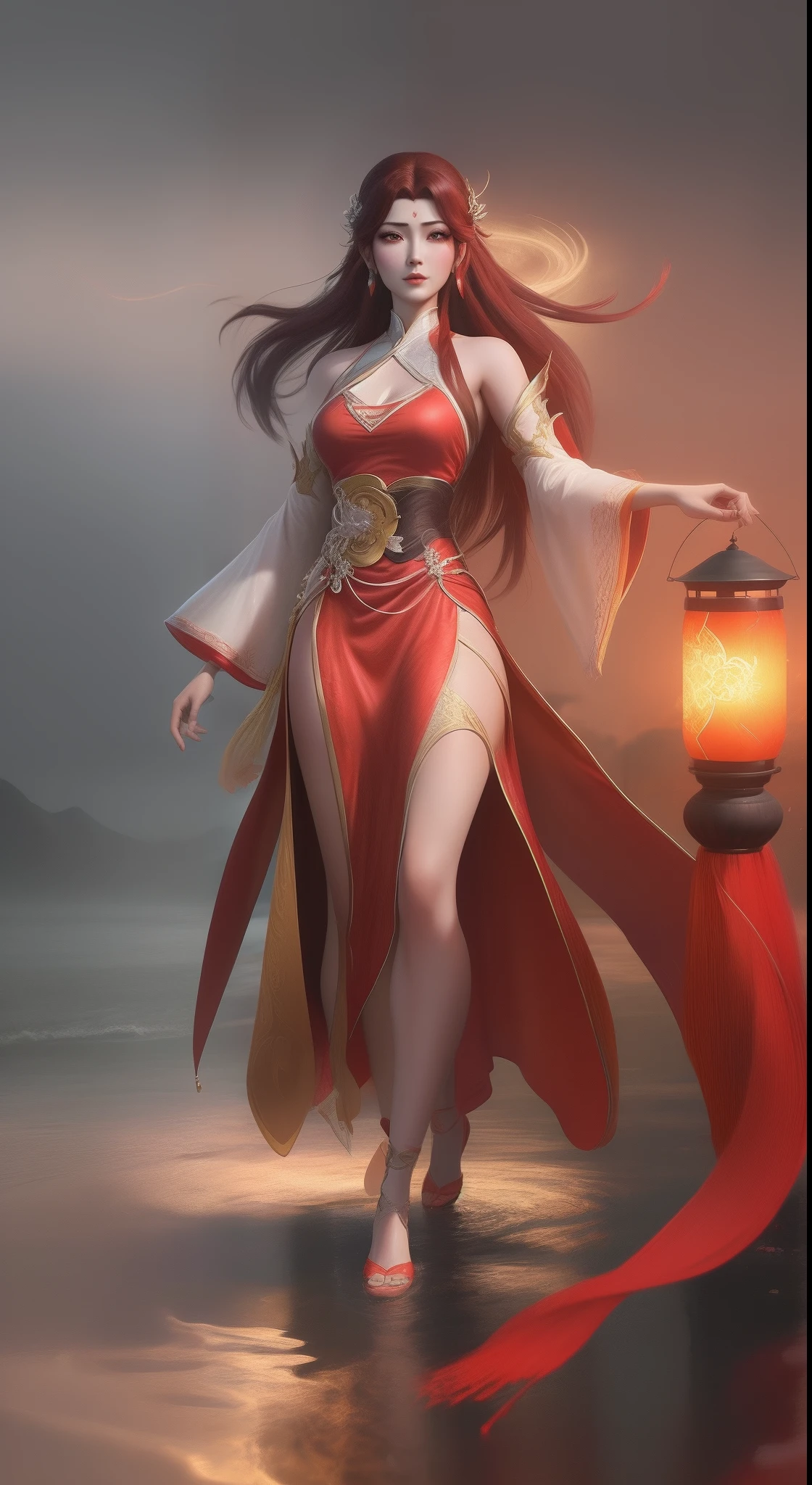 An Arad woman in a red dress walks in the river carrying a lantern, full-body xianxia, inspired by Park Hua, by Yang J, Inspired by Lan Ying, Extremely detailed Artgerm, inspired by Du Qiong, inspired by Ju Lian, art-style, Ruan Jia and Artgerm, lunar themed attire