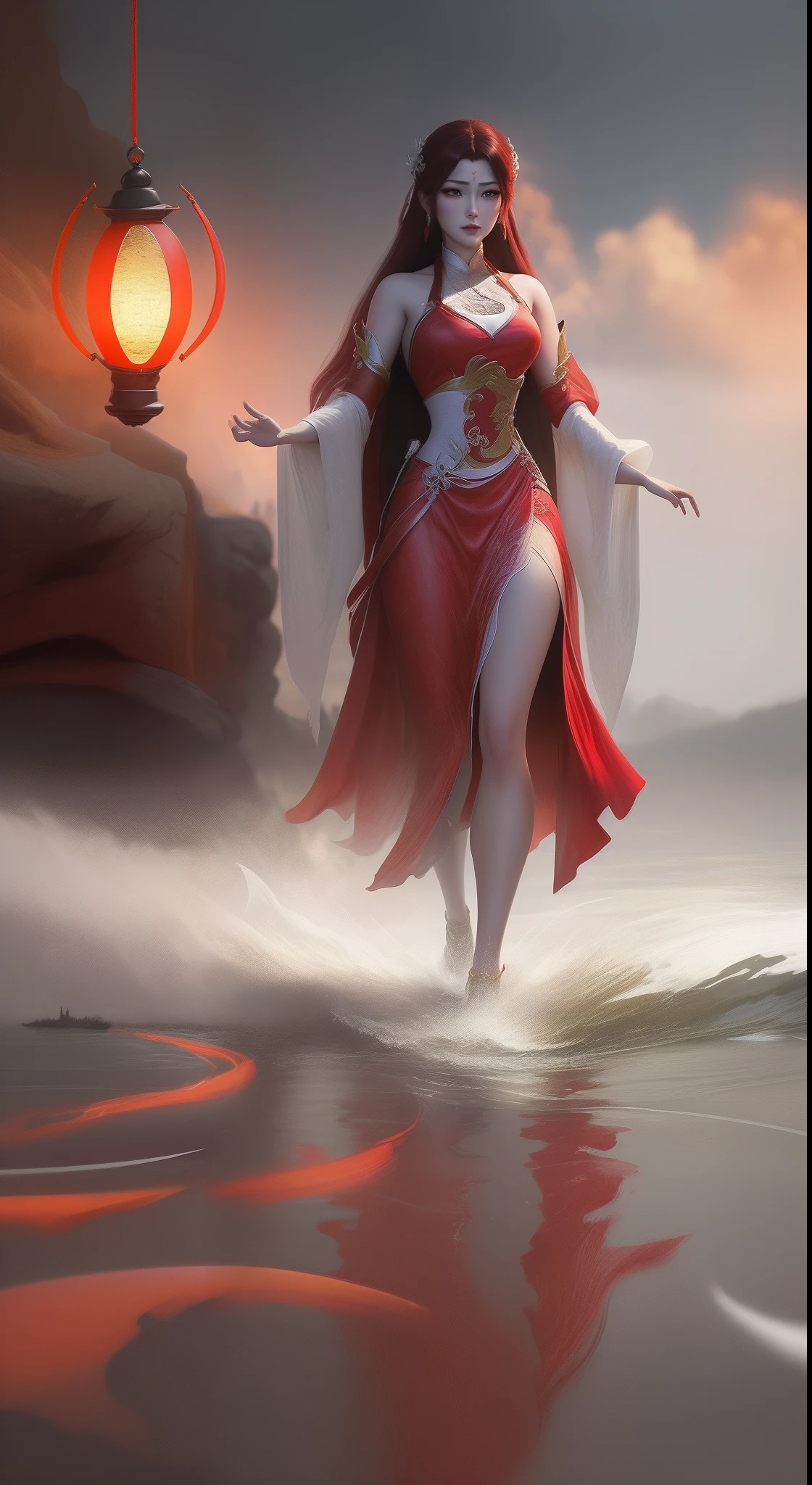 An Arad woman in a red dress walks in the river carrying a lantern, full-body xianxia, inspired by Park Hua, by Yang J, Inspired by Lan Ying, Extremely detailed Artgerm, inspired by Du Qiong, inspired by Ju Lian, art-style, Ruan Jia and Artgerm, lunar themed attire