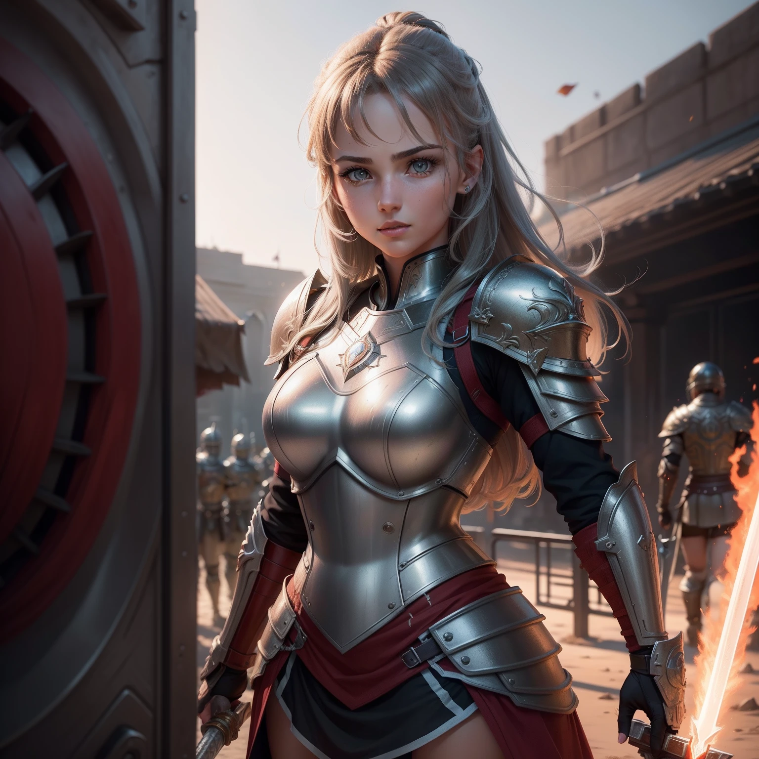 Junior Centurion Warrior, Red and gray armor, Men and women work together, Men and women side by side, cheerfulness, Female Warrior, ultra - detailed, 8K, Unreal Engine 5, celebrating, Beautiful anime style girl all over, clean detailed faces, underdressing, analogous colors, Glowing shadow, beautiful gradation, Depth of field, Clean image, Football field setting, High quality, High detail, High definition, Luminous Studio graphics engine, Cute face, Heroic, sword, victory, full bodyesbian, Extremely detailed face, Bright eyes, Beautiful girl, fantasy, complimentary colours, insanely detailed and intricate, Ultra photo realsisim, Super detailed, Ultra HD, Vivid, Low angle